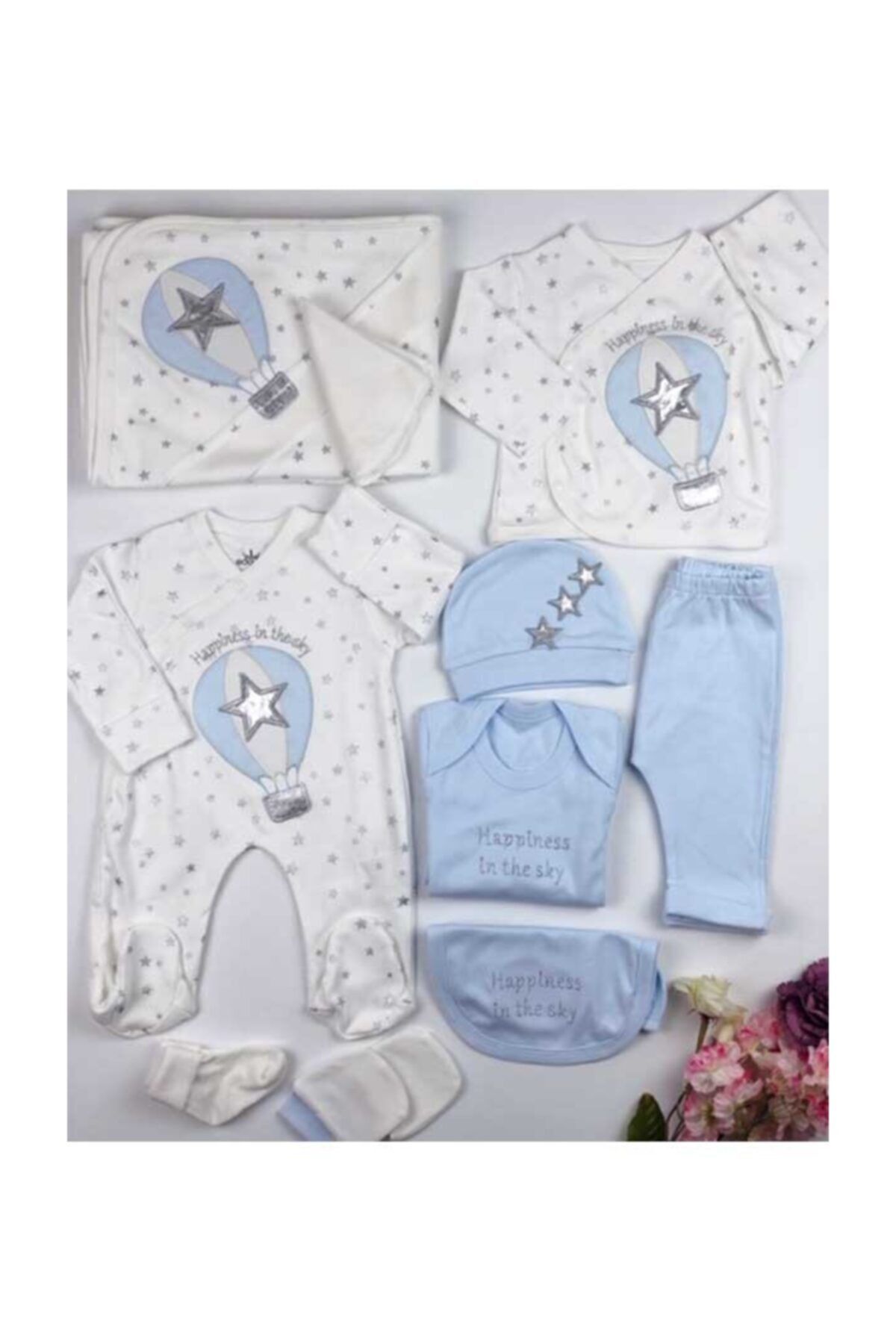 Eda Baby Erkek Bebek Mavi Balonlu 10 lu Hastane Çıkış Seti