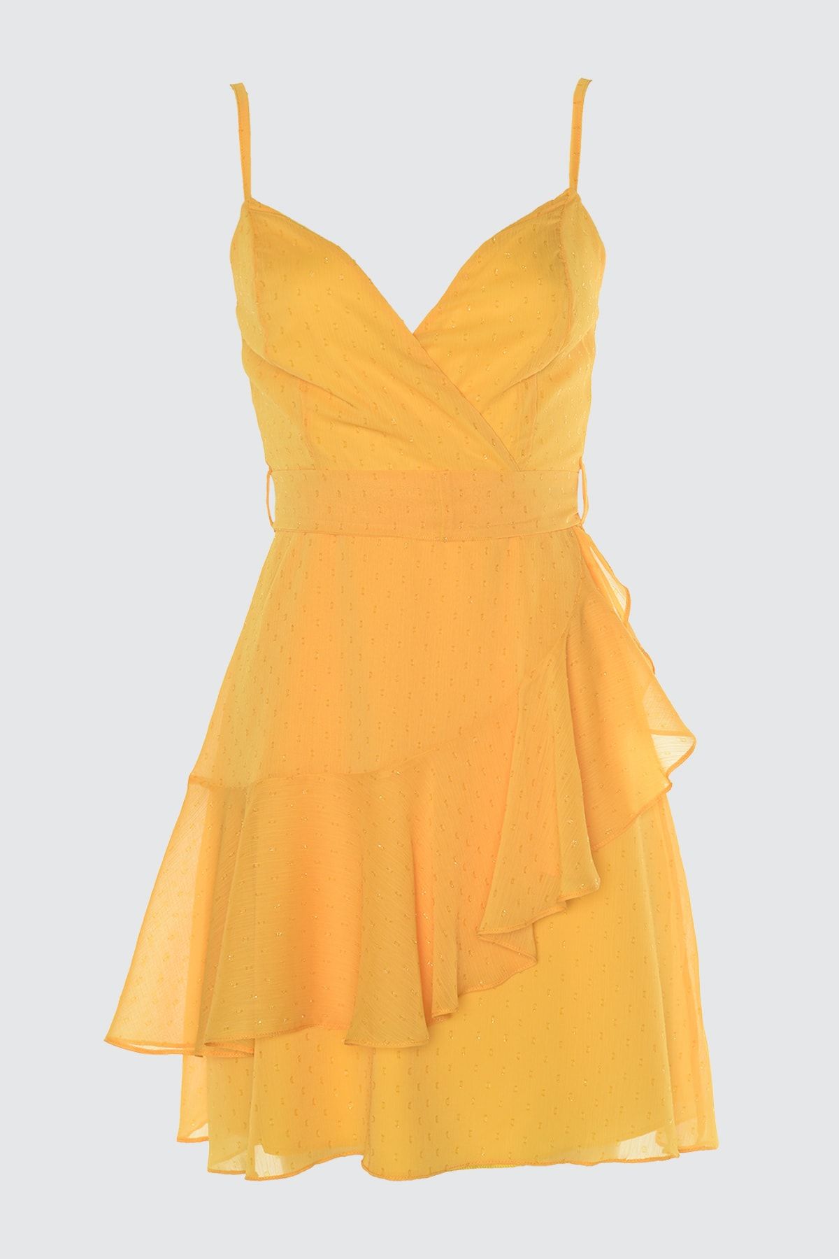 TRENDYOLMİLLA Sarı Işıltılı Kruvaze Yaka  Elbise TPRSS20EL2629