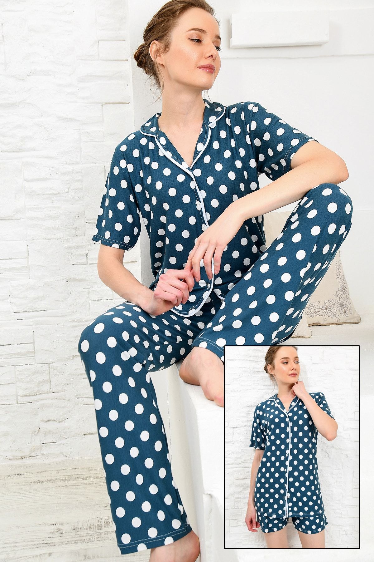 Trend Alaçatı Stili Kadın Petrol 3'Lü Pijama Takımı ALC-X4083
