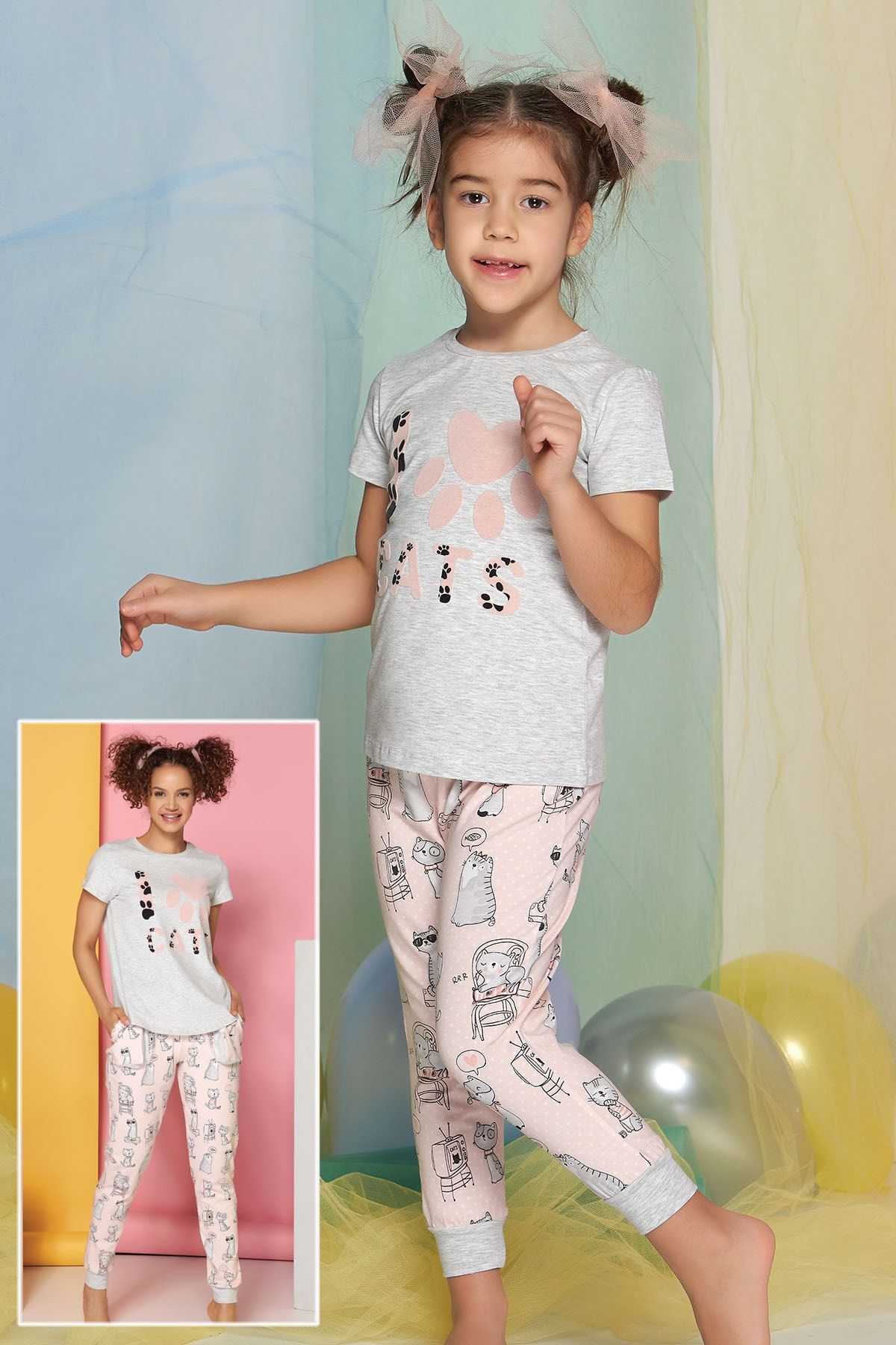 ZEYZEY Kız Çocuk Kar Melanj Pijama Takımı Kısa Kol