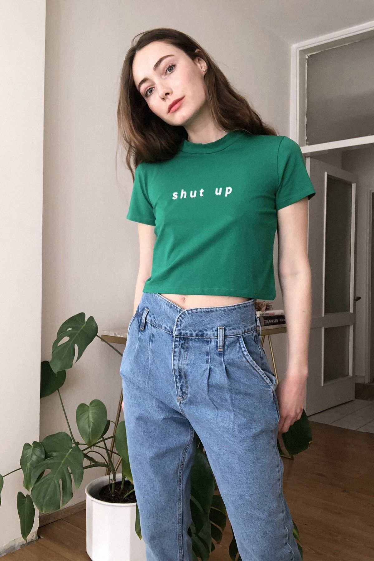 TRENDYOLMİLLA Yeşil Baskılı Crop Örme T-Shirt TWOSS20TS1259