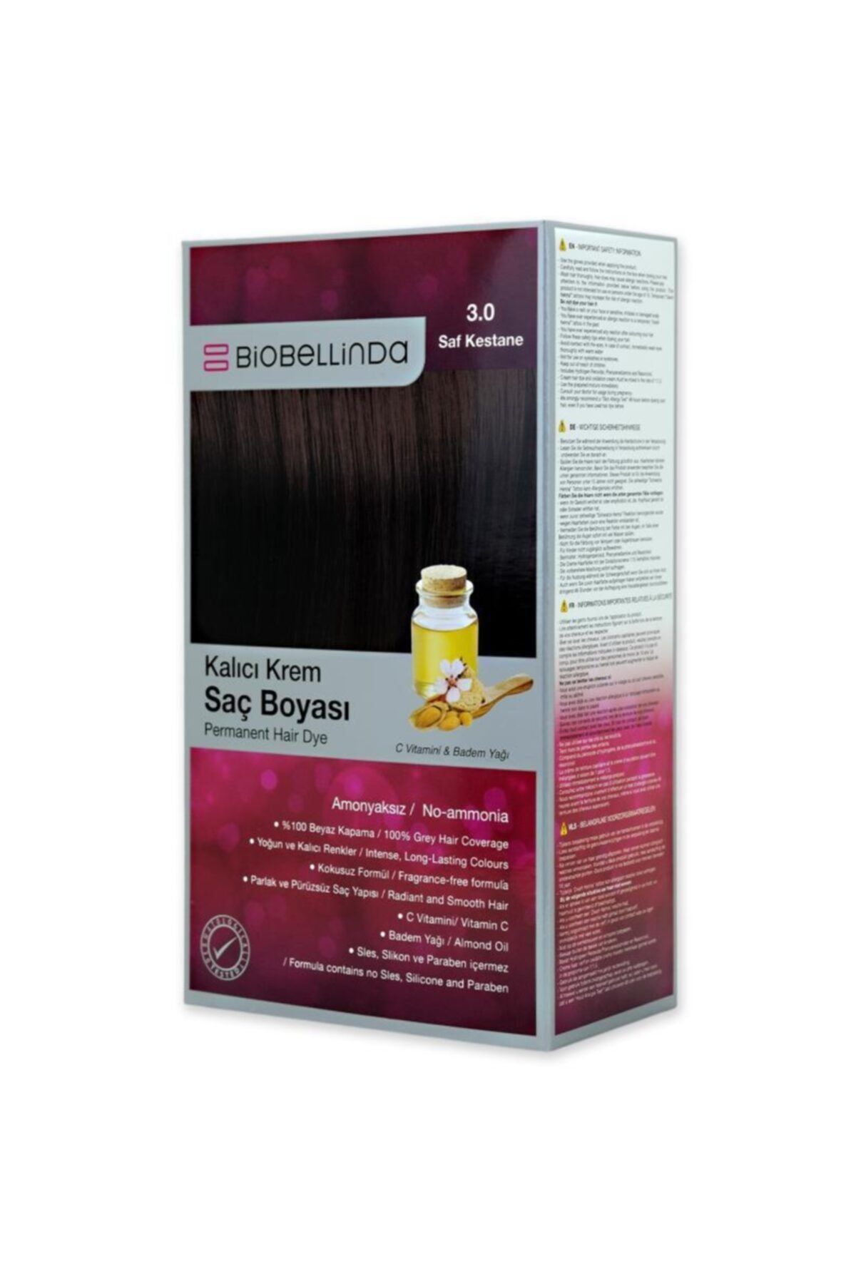 BioBellinda Amonyaksız Ve Kokusuz Kalıcı Krem Saç Boyası - 3.0 Saf Kestane