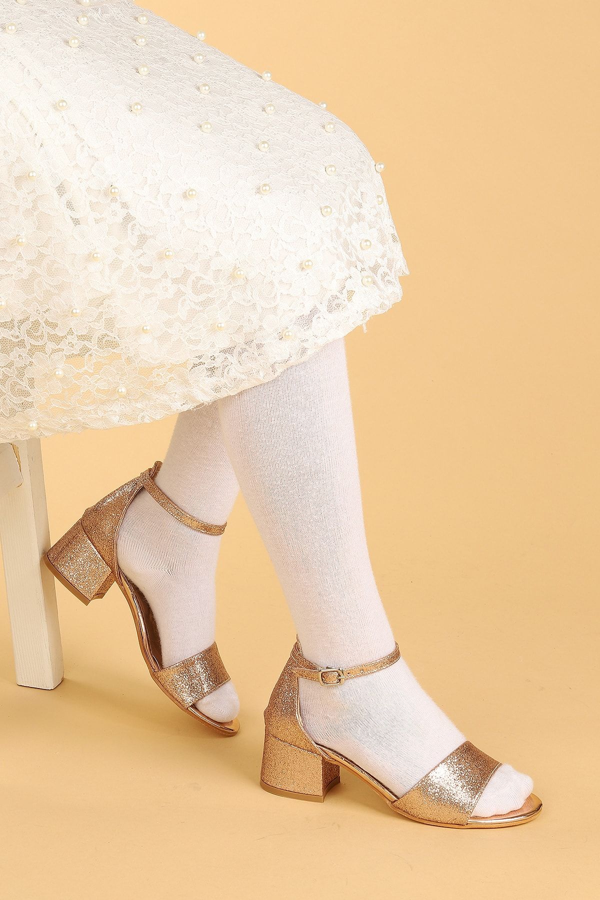 Kiko Kids Kız Çocuk Bakır Abiye Ayakkabı Kum Simli 3 Cm Topuklu Sandalet Bilekten Bantlı (AYARLANABİLİR)