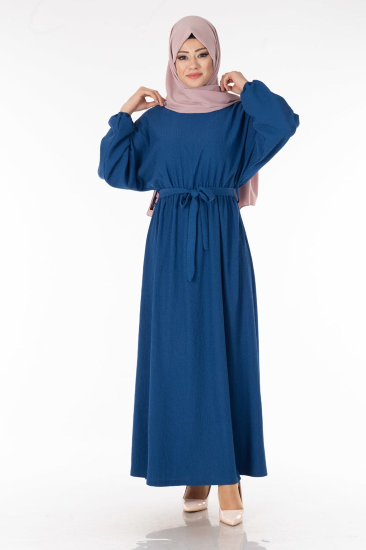 Tesettür Pazarı Kadın Indigo  Kuşaklı  Tesettür Elbise Alz1878-2