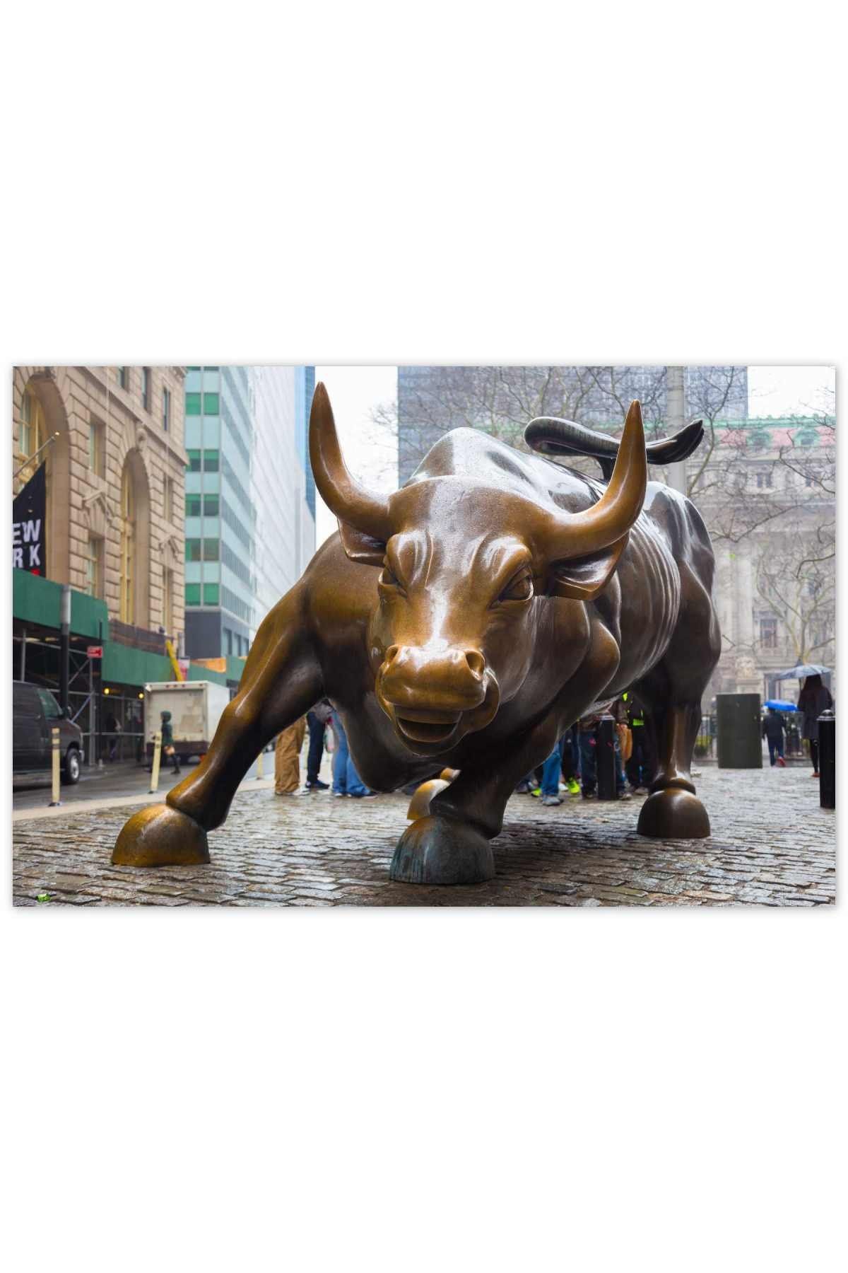 Cakatablo Ahşap Tablo Manhattan Wall Street Önü Boğa Heykeli -35-50 Cm