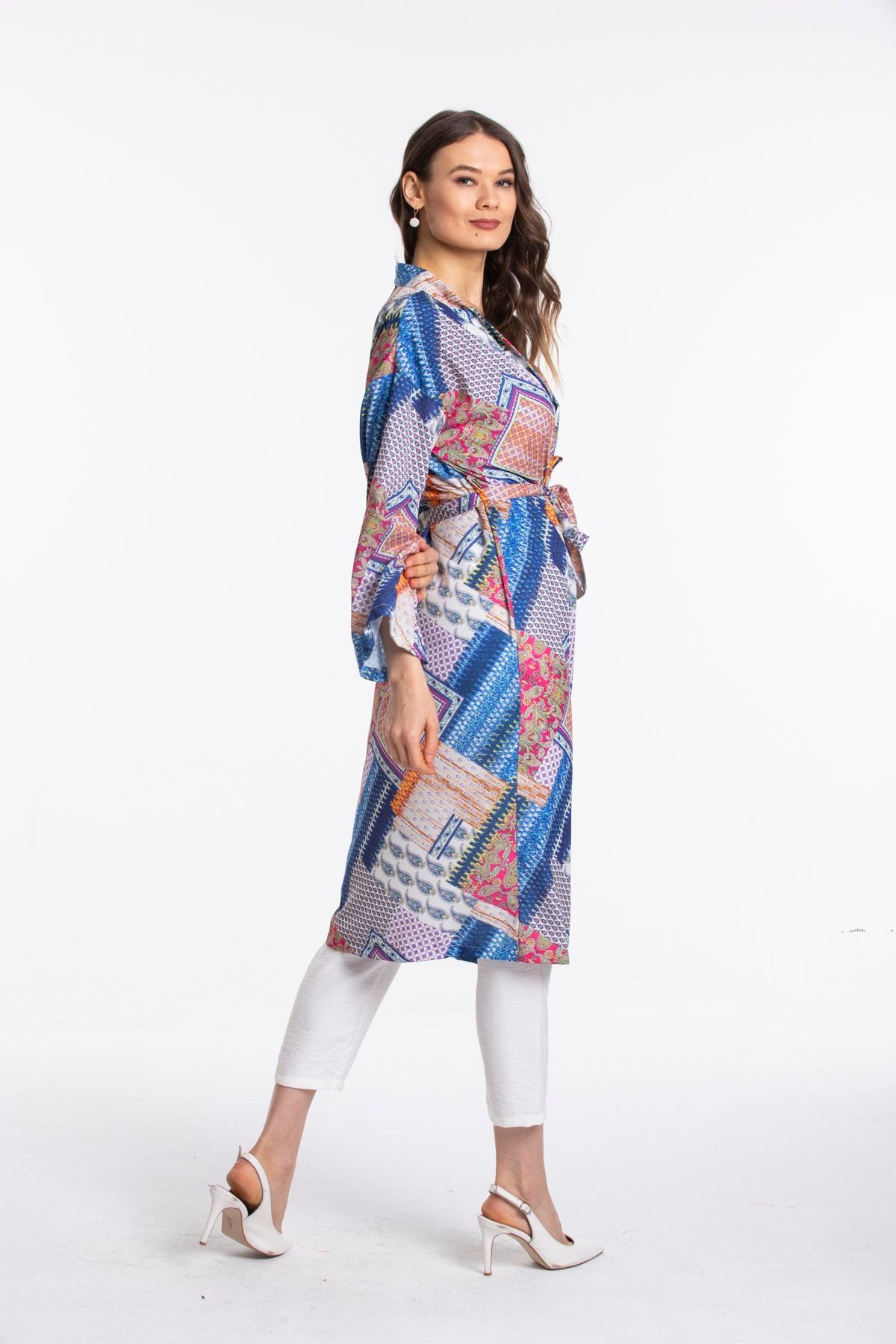 Pitti Kadın Mavi Desenli Kemerli Kimono 60350