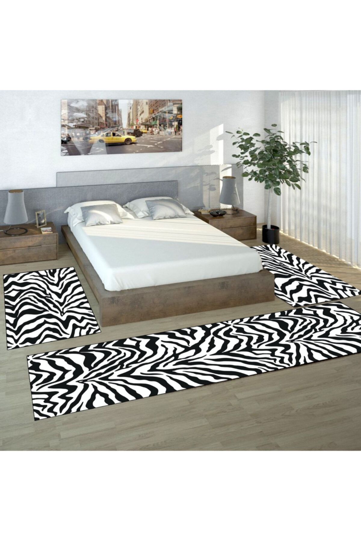3D ELSE HALI Osso Siyah Beyaz Zebra Modern Desenli 3lü Yatak Odası Yolluk Halı Seti