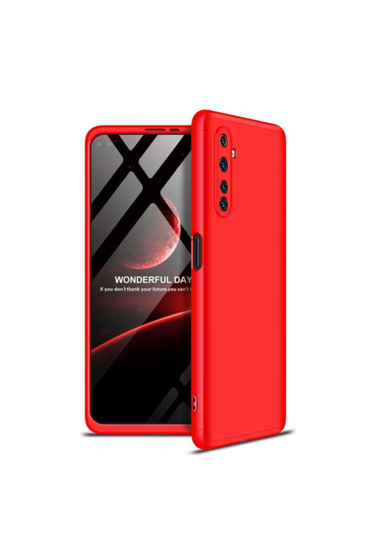 Telefon Aksesuarları Realme 6 Pro Uyumlu 360 Tam Koruma 3 Parça Slim Sert Silikon Kapak Kırmızı