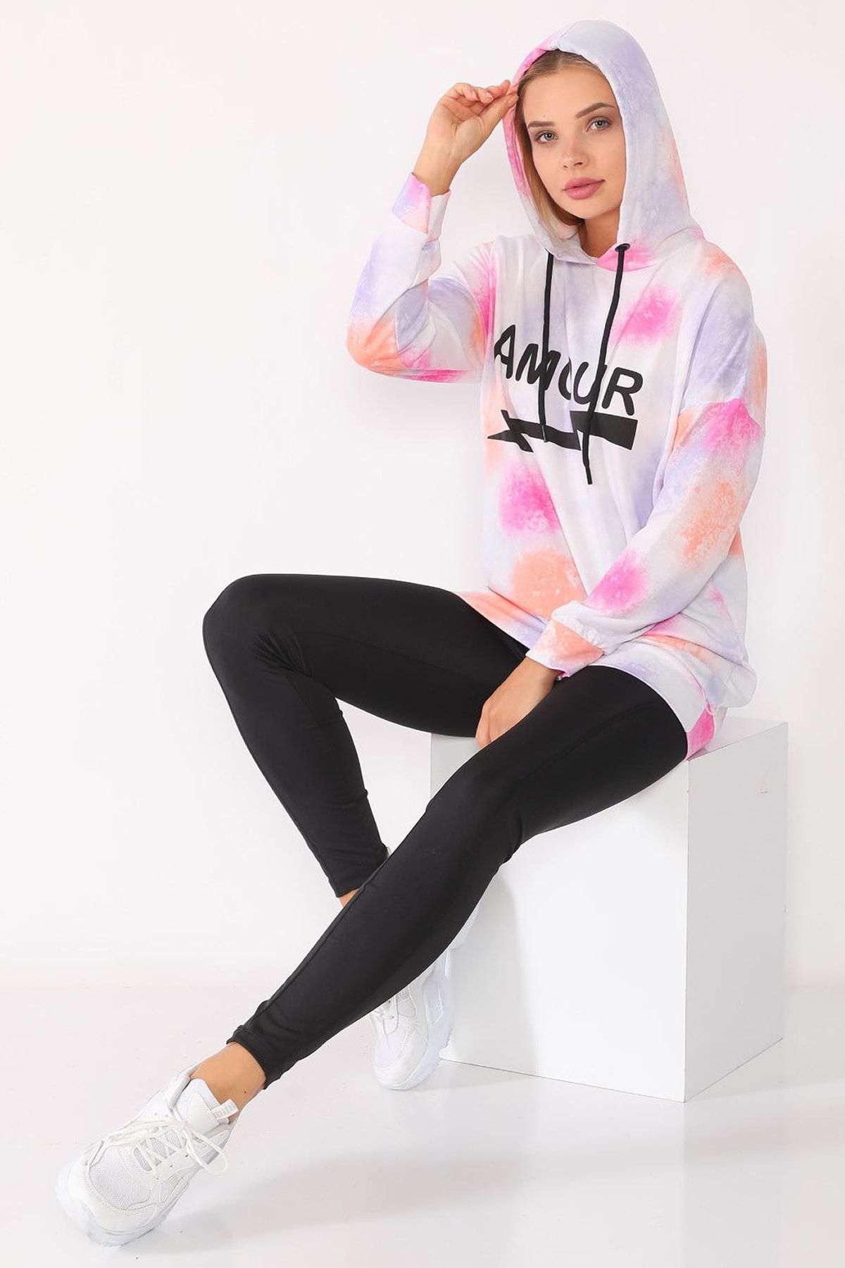 PodiumStar Kadın Pembe Batik Desenli Pamuklu Sweatshirt