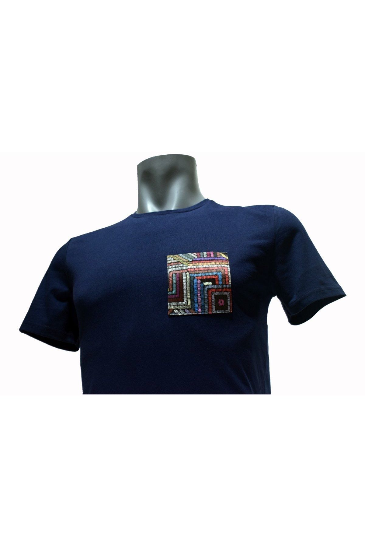 THE ORIGIN Unisex Lacivert Etnik Desen Cep Detaylı Pamuk Super Slim Fit T-shirt