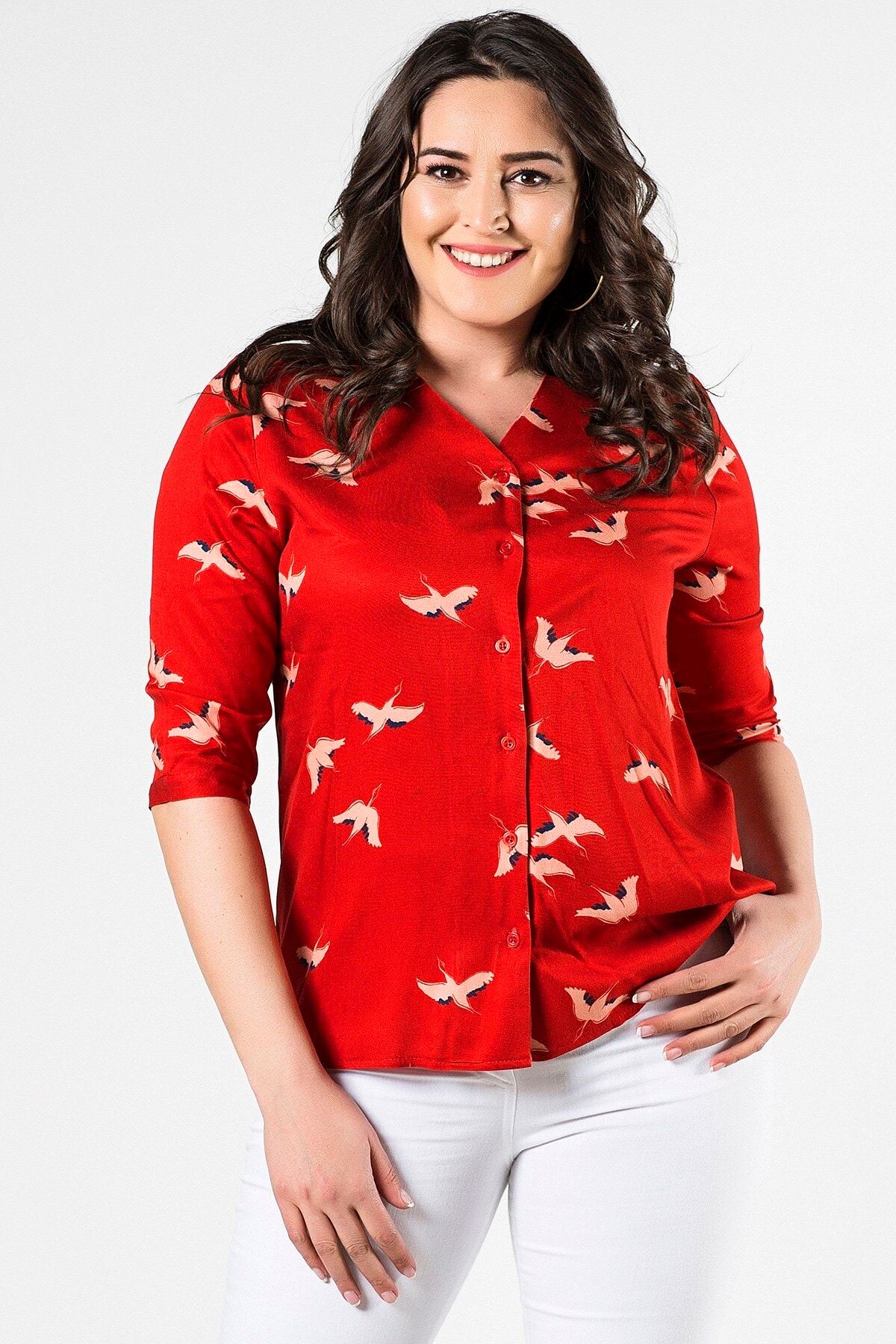 Womenice Kadın Kırmızı Büyük Beden Kuş Desenli Gömlek