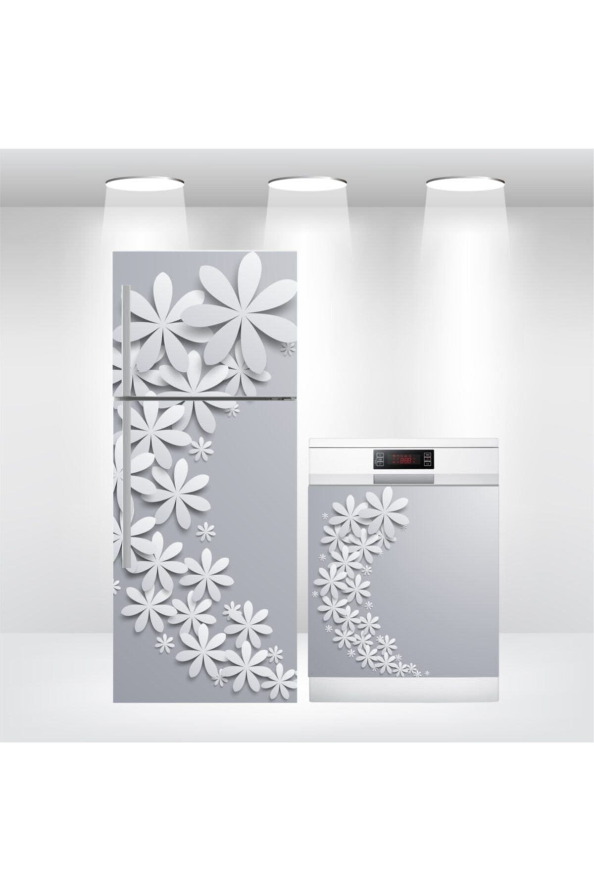 Bigaimaj Buzdolabı Ve Bulaşık Makinesi Kapak Folyo Kaplama Çiçekler Gri