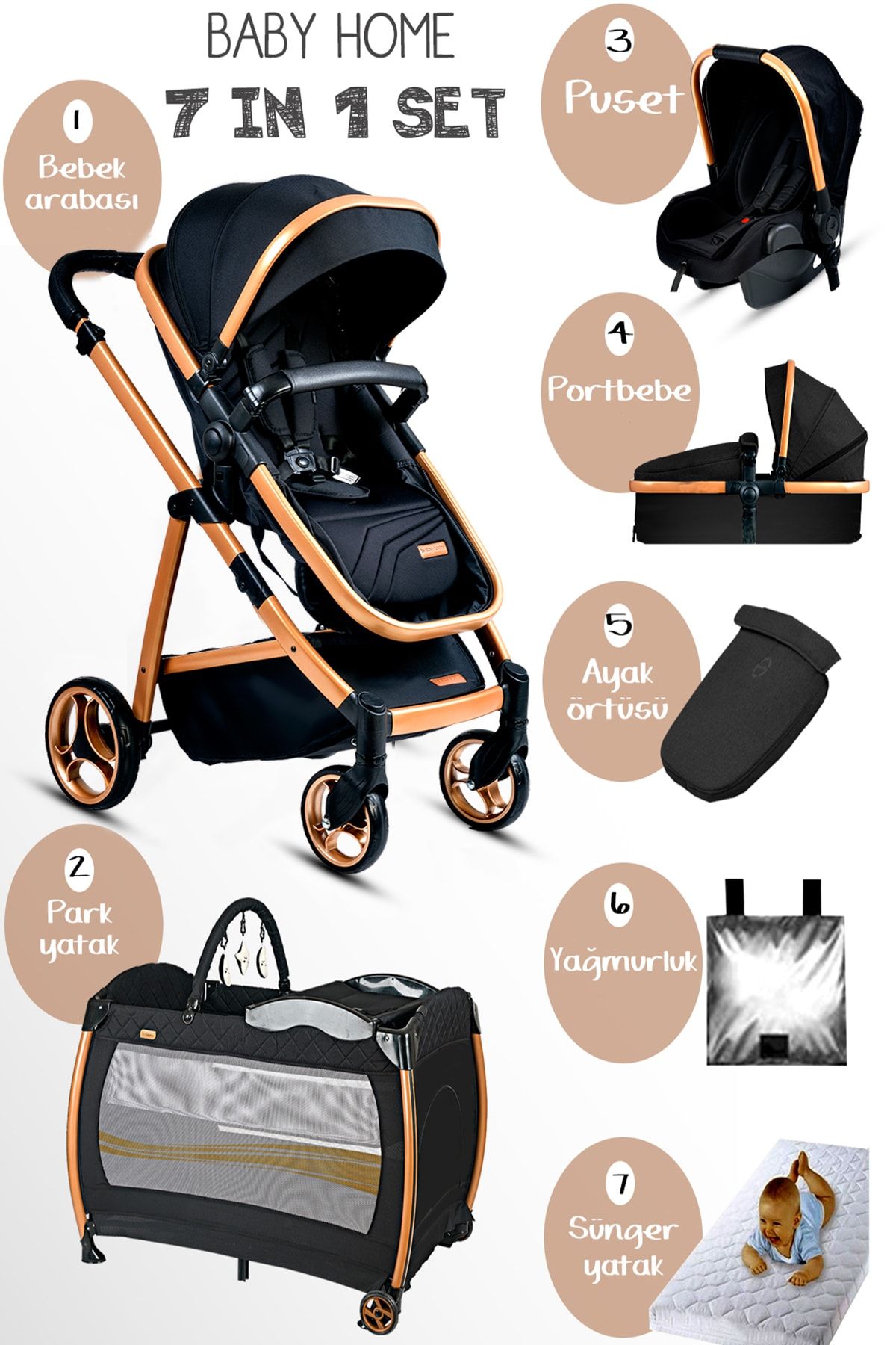 Baby Home 955 Gold Vip Travel Sistem Bebek Arabası 600 Oyun Parkı Park Yatak Beşik
