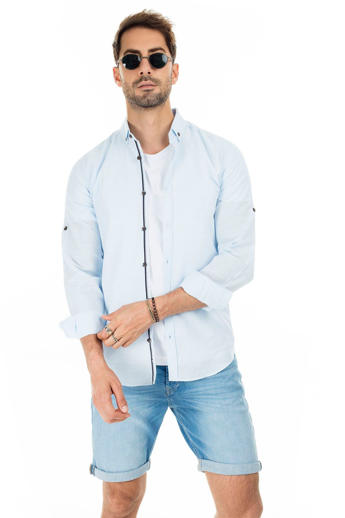 Buratti Erkek AÇIK MAVİ Düğmeli Yaka Katlanabilir Uzun Kollu Standart Fit Pamuklu Gömlek CF20S111871