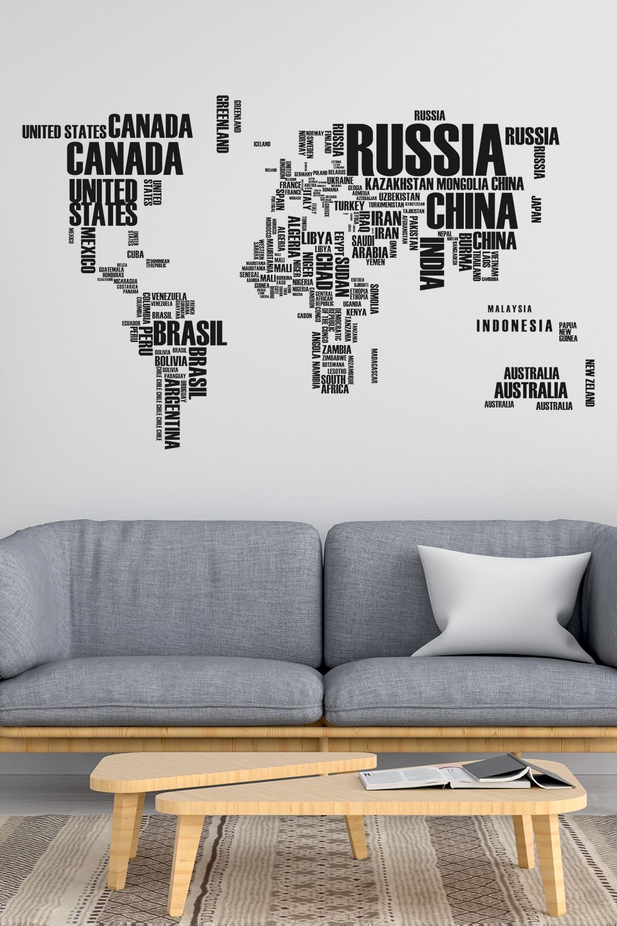 Macro Dijital unisex Siyah Dünya Haritası Ülke Adlarından Oluşan Büyük Boy Harita