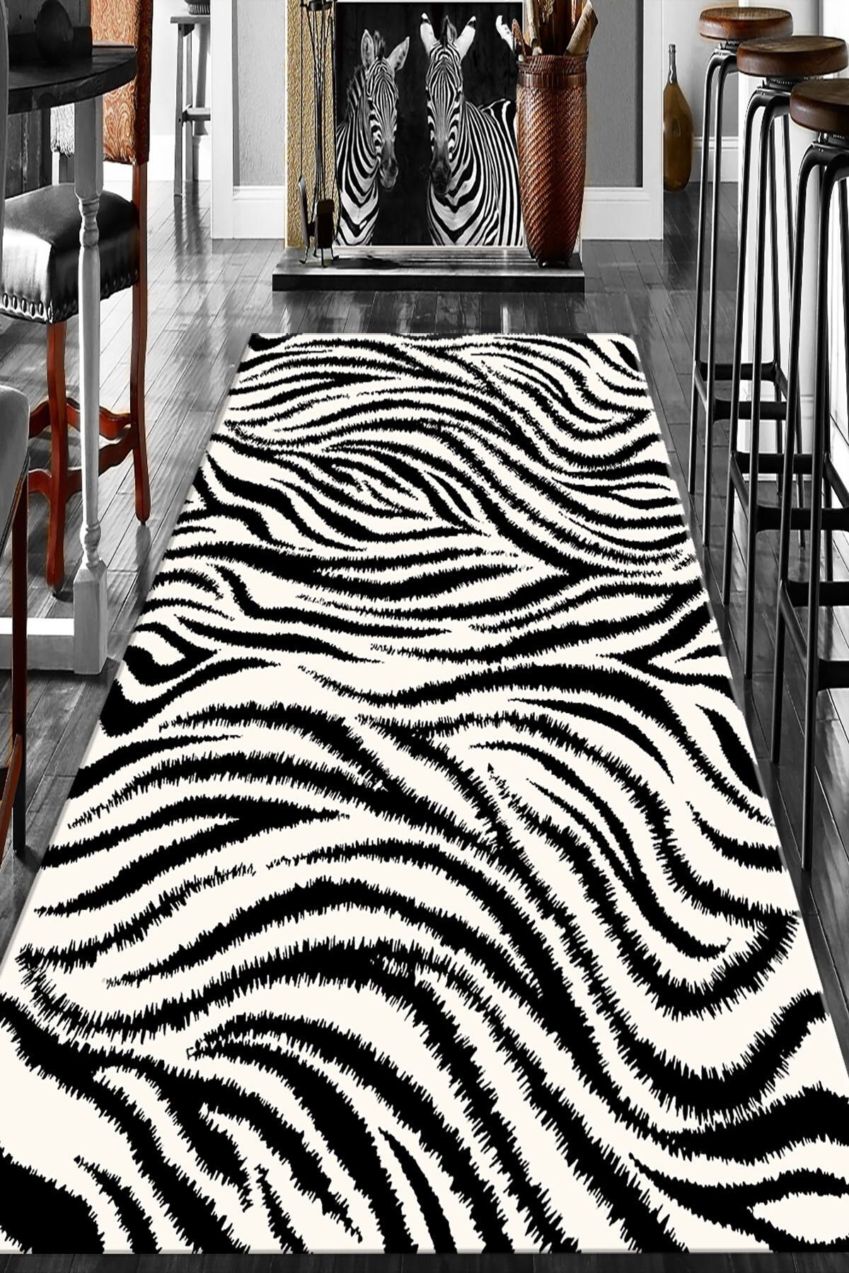 RISSE Dijital Baskılı Kaymaz Taban Yıkanabilir Siyah Beyaz Zebra Desenli Salon Halısı