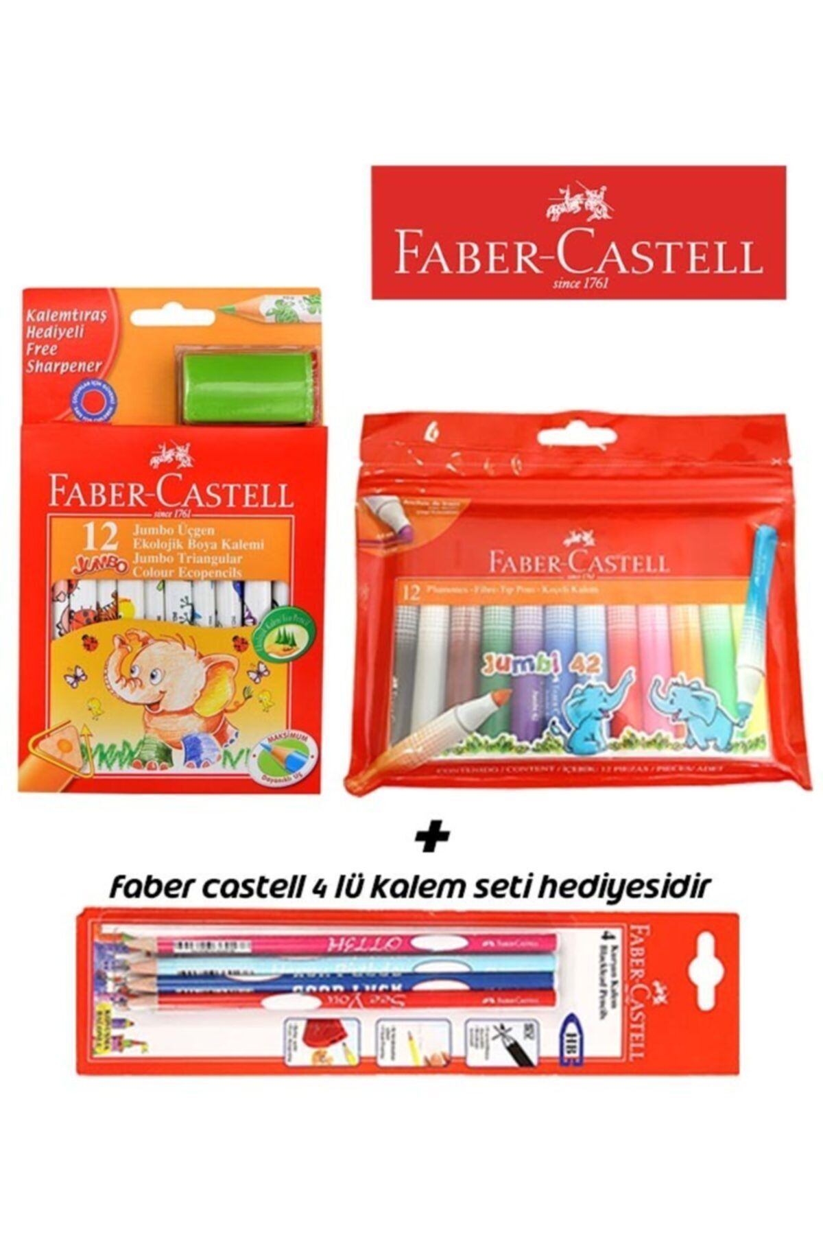 Faber Castell 2'li Boyama Seti ( 12'li Jumbo Kuru Boya + 12'li Keçeli Kalem + Kalem Seti Hediyeli )