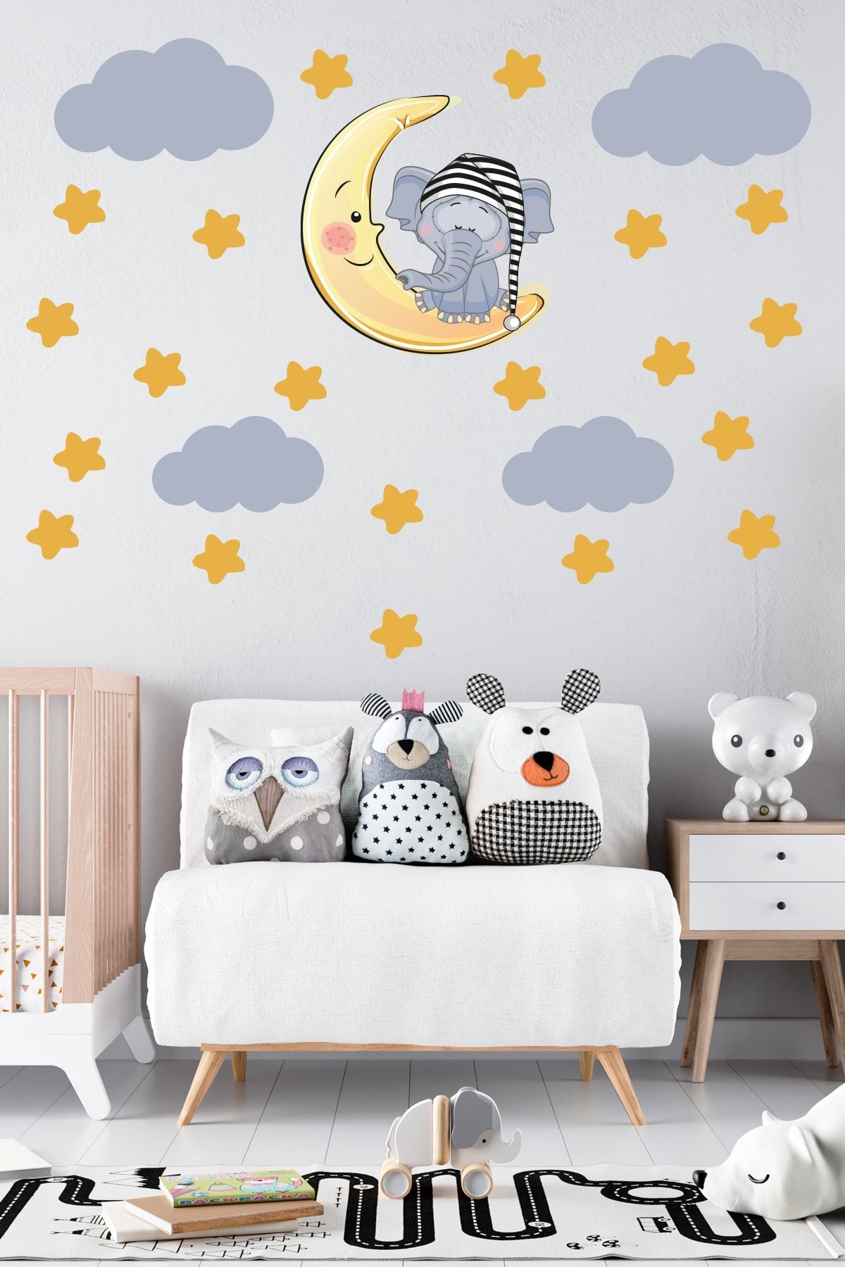 Tilki Dünyası Uyuyan Fil , Yıldızlar Ve Bulutlar Dekoratif Bebek Çocuk Odası Duvar Sticker