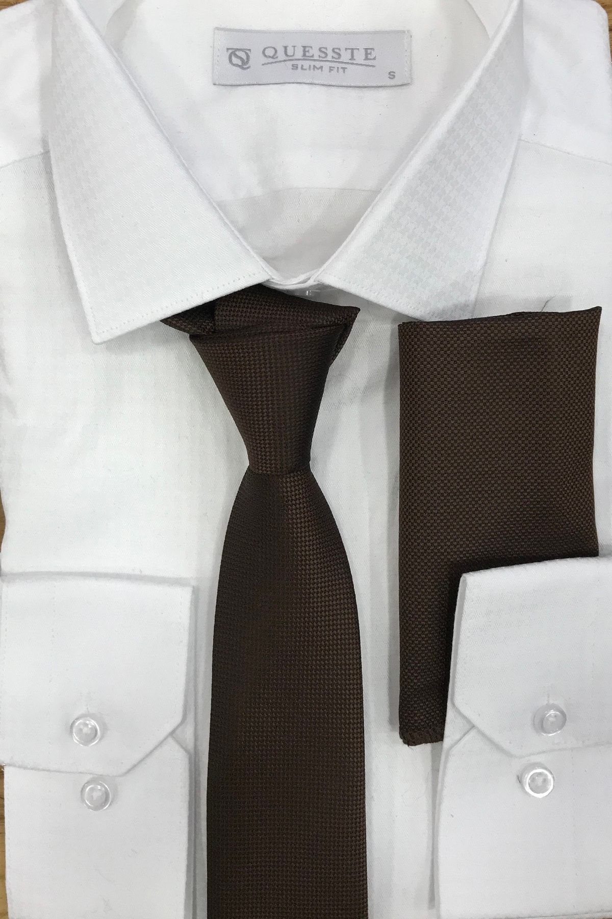 Quesste Accessory Erkek Kahverengi Armür Dokumalı Noktalı Mendilli Ince Kravat 6 cm