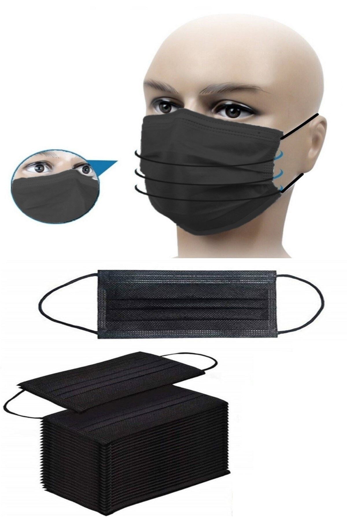 RoseRoi 50 Adet Maske Siyah Cerrahi Yüz Maskesi Üç Katlı Telli Maske Toz Maskesi