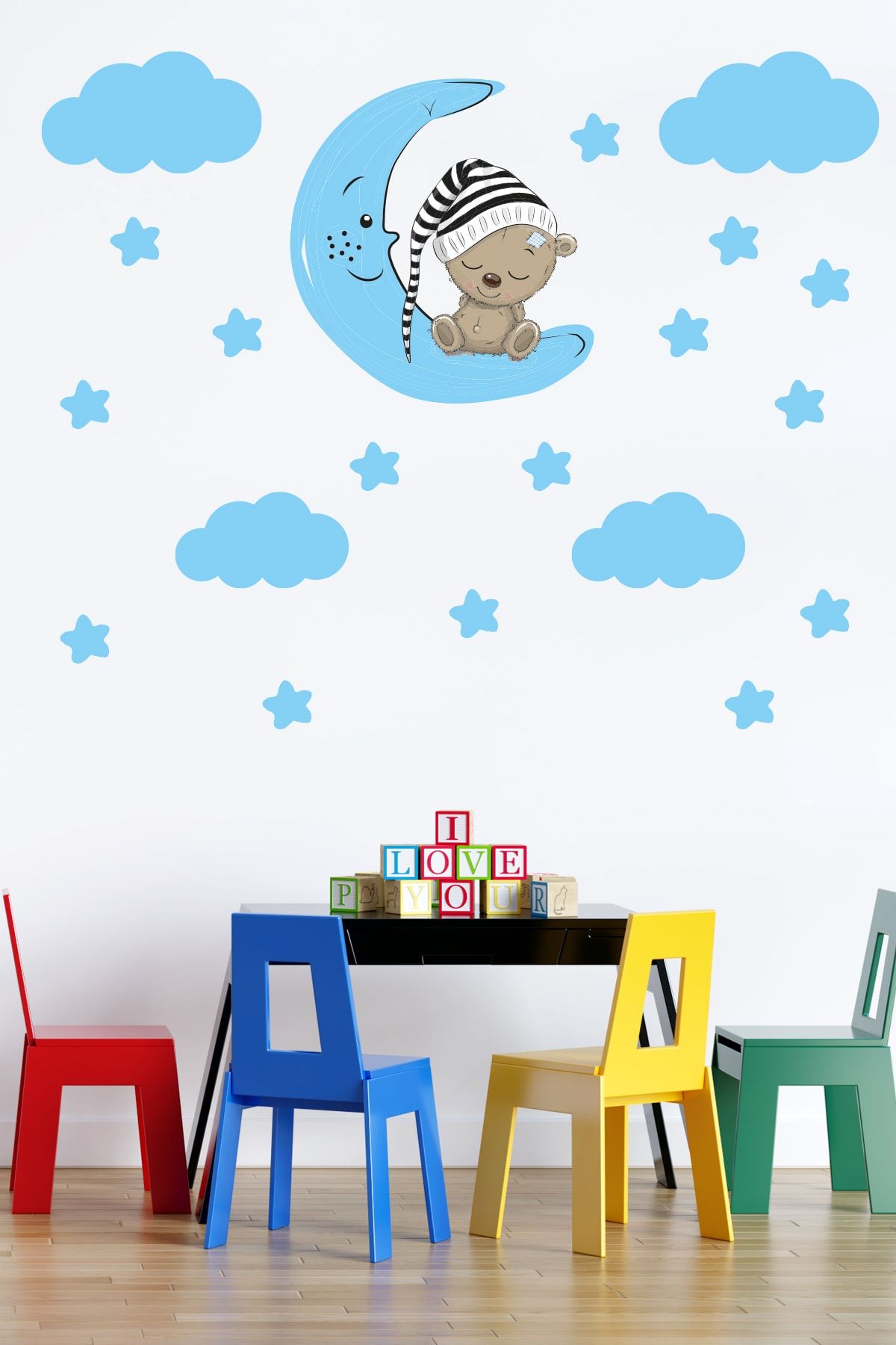 Tilki Dünyası Sevimli Ayıcık , Mavi Yıldızlar Ve Bulutlar Dekoratif Bebek Çocuk Odası Duvar Sticker