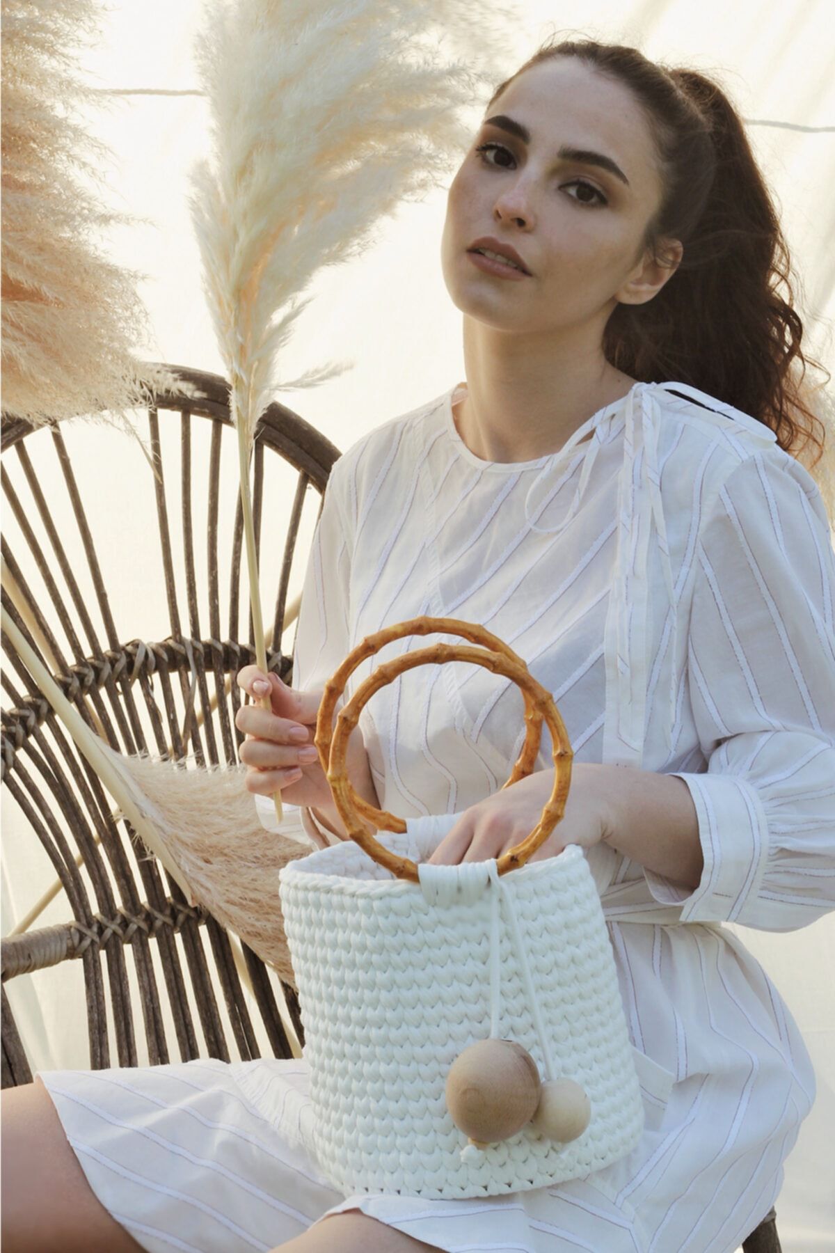 MEV'S Atelier Kadın Beyaz Örgü Sepet El Çantası