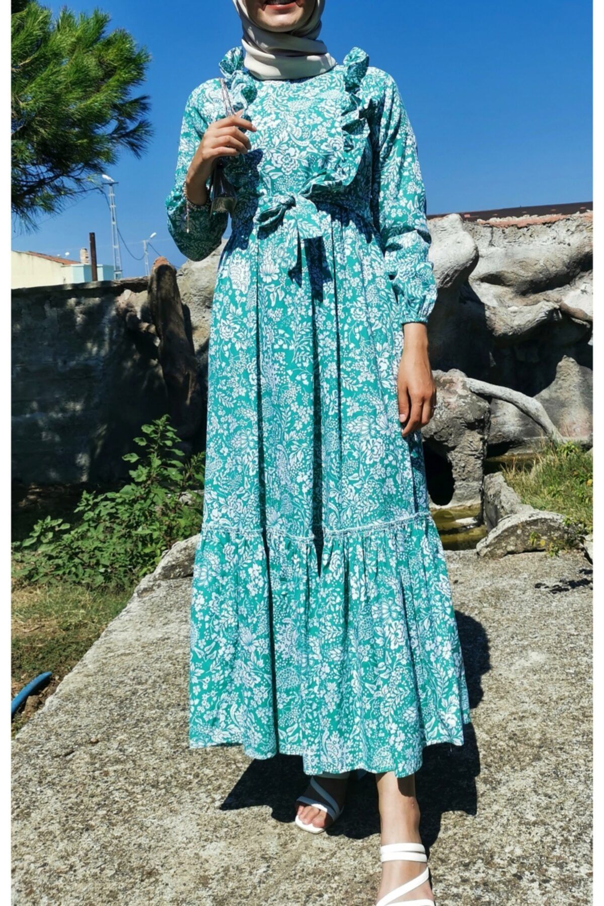 PETUNYA STORE Kadın Yeşil Çiçek Desenli Elbise