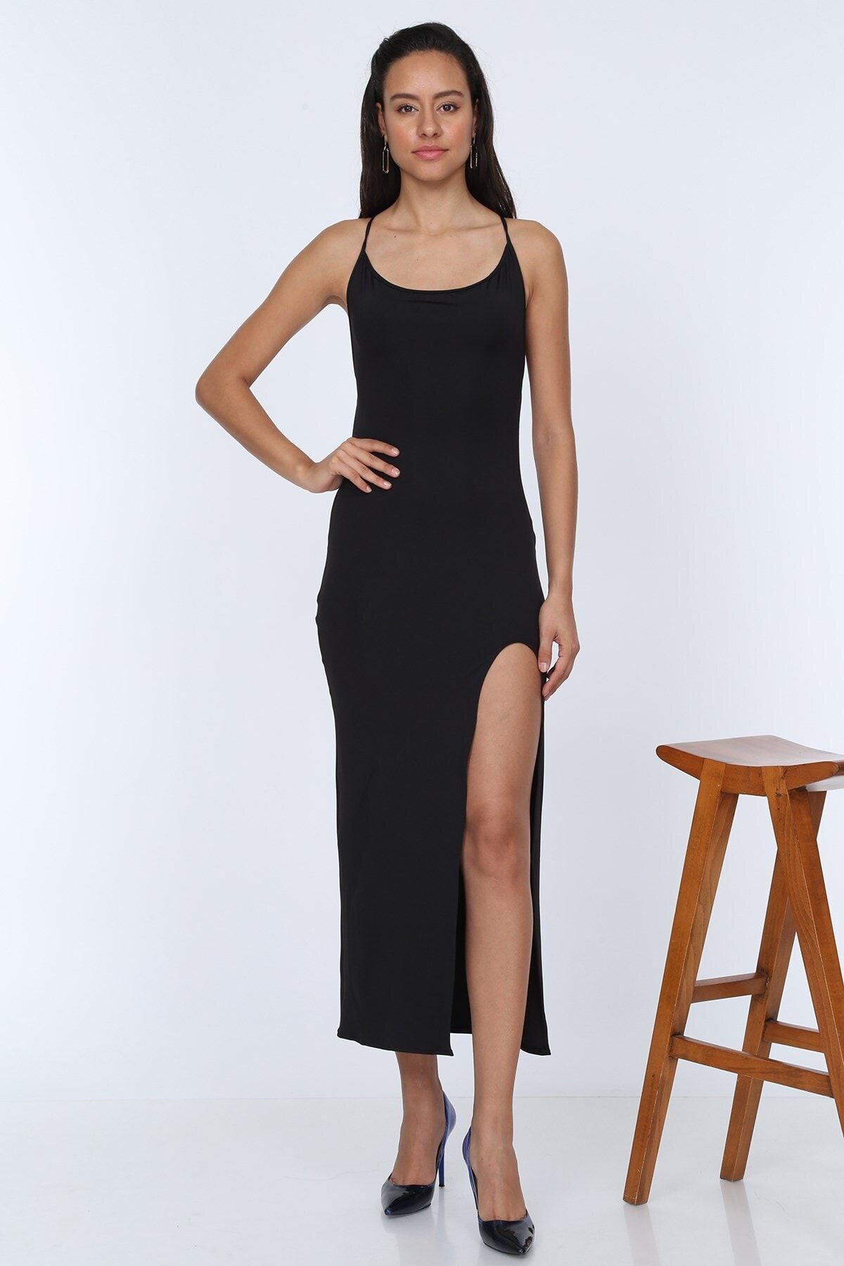 TEORA FASHION Kadın Siyah Full Lycra Yırtmaçlı Maxi Elbise E1822