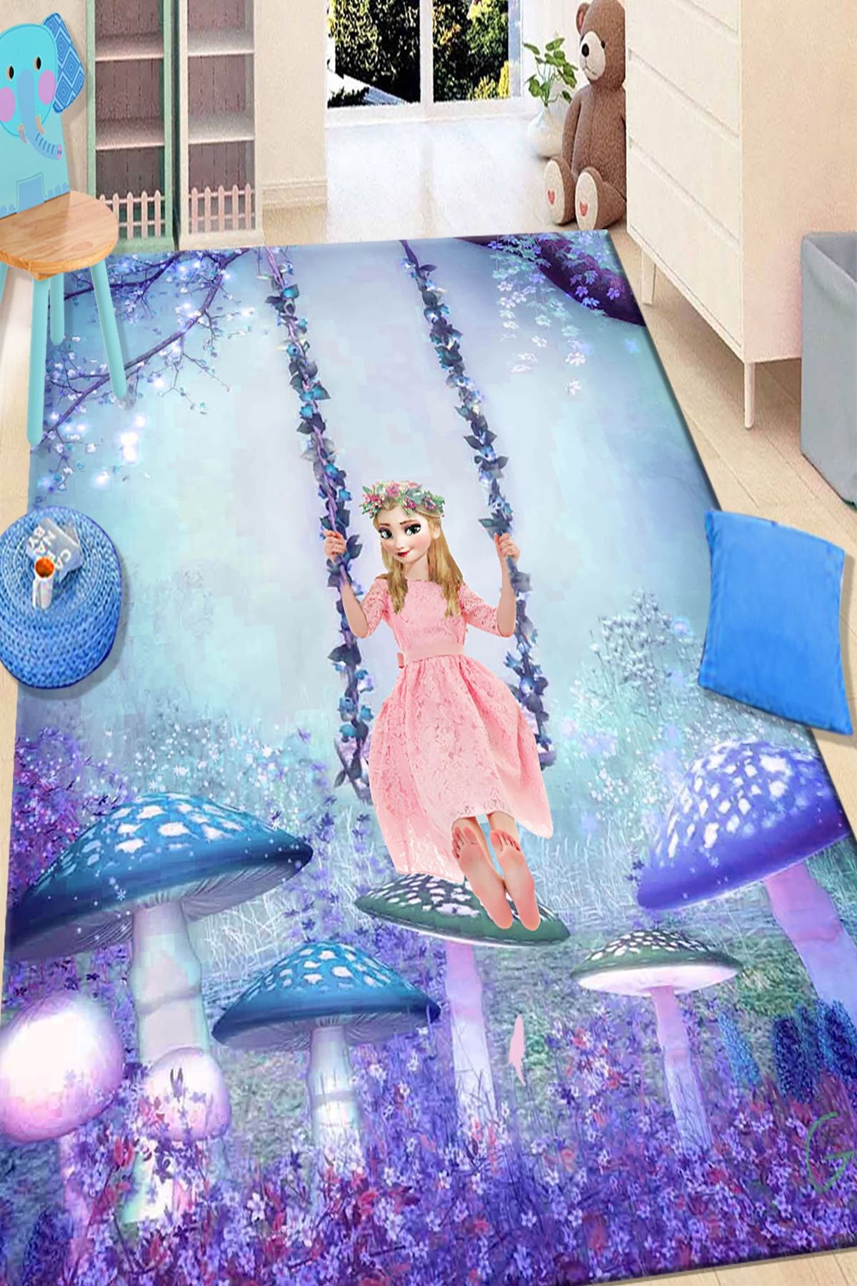 RISSE Dijital Baskılı Kaymaz Taban Yıkanabilir Elsa Salıncaklı Mavi Renkli Çocuk Halısı