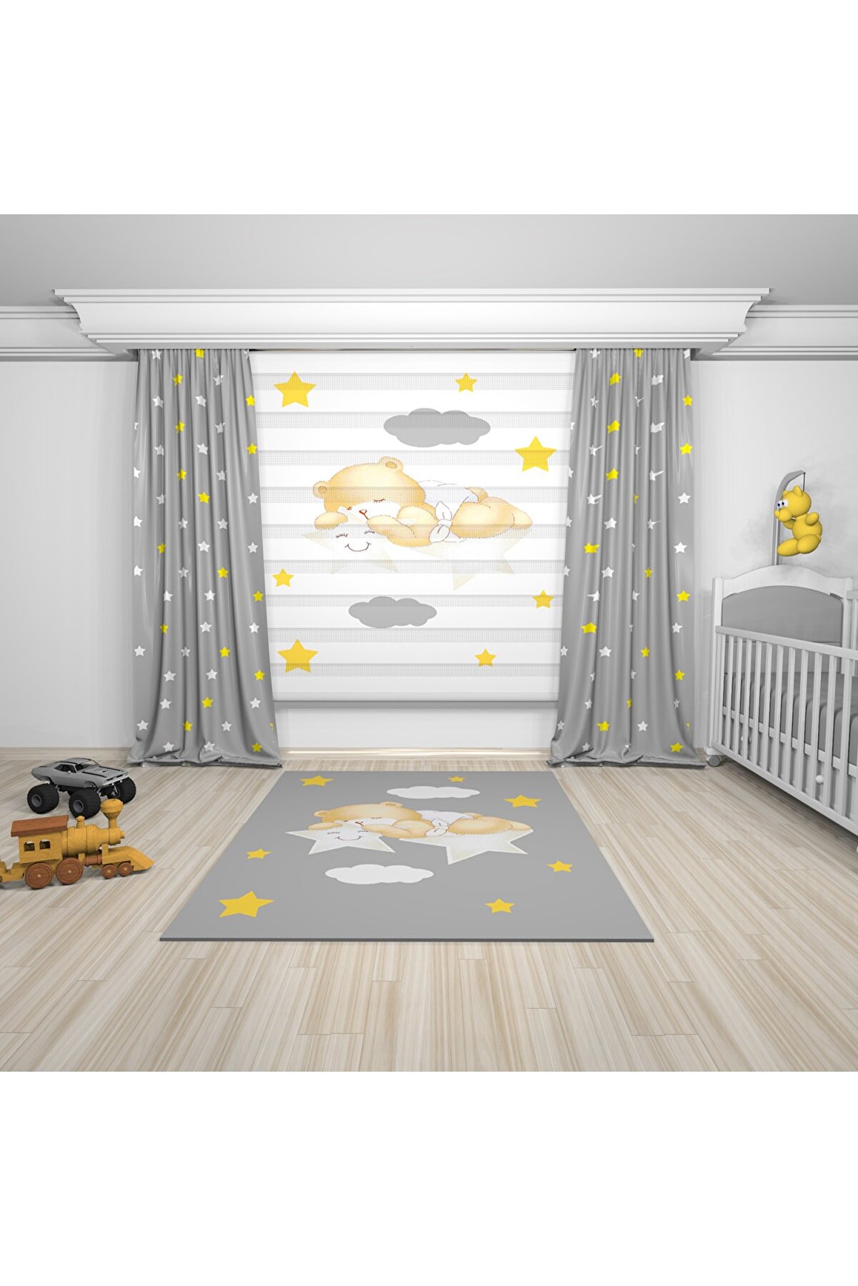 Kuşcu Tekstil Gri Zemin Beyaz Ve Sarı Yıldızlar Baskılı Bebek Odası Fon Perde