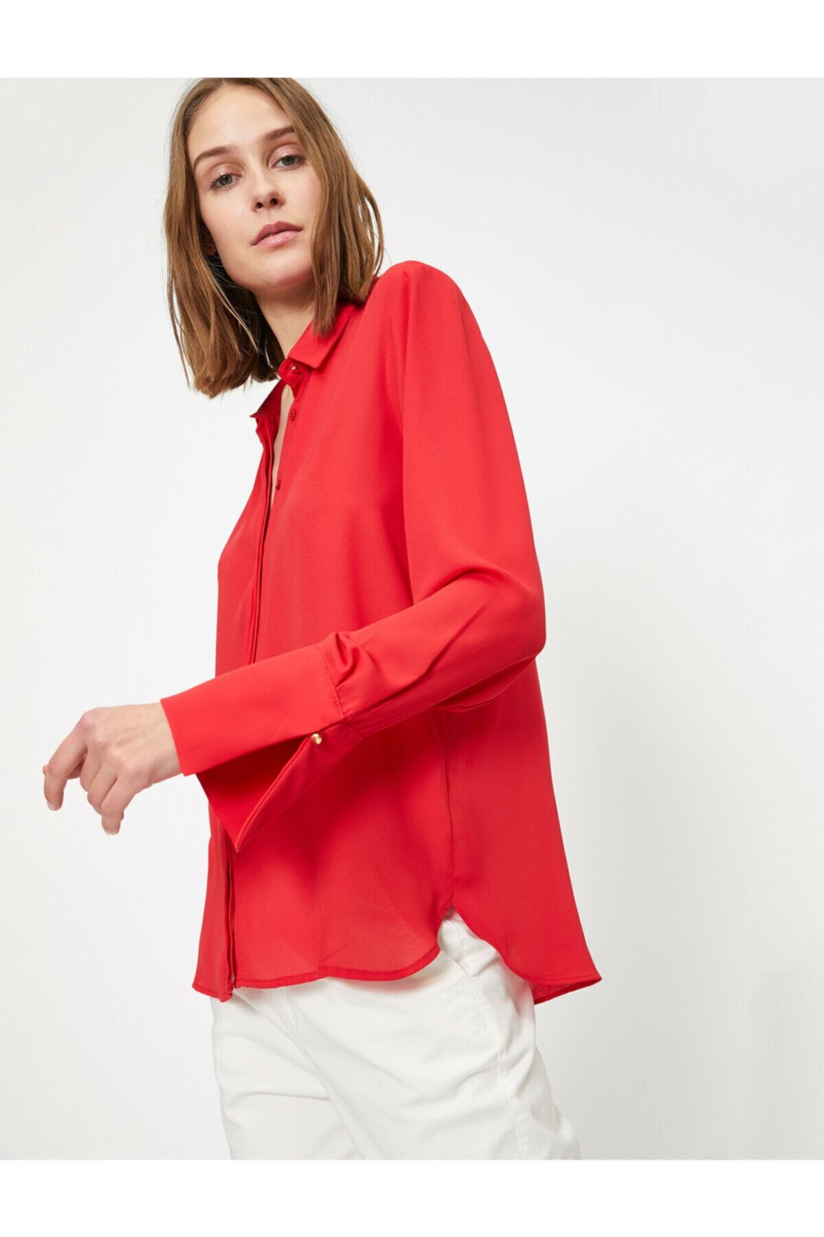 Koton Kadın Kırmızı Klasik Krep Gömlek