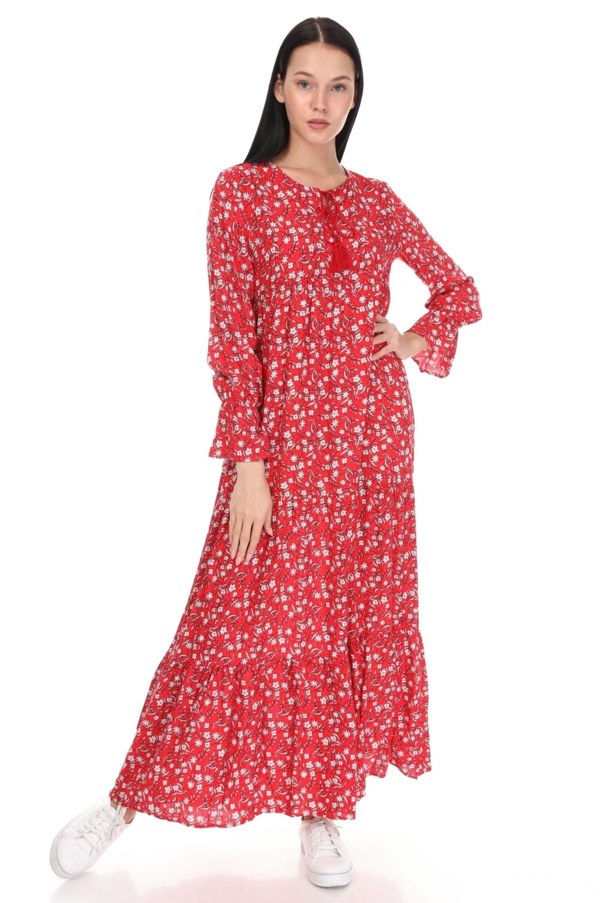 Femme Butik Kadın Kırmızı Büzgülü Desenli Viskon Elbise Fm30104