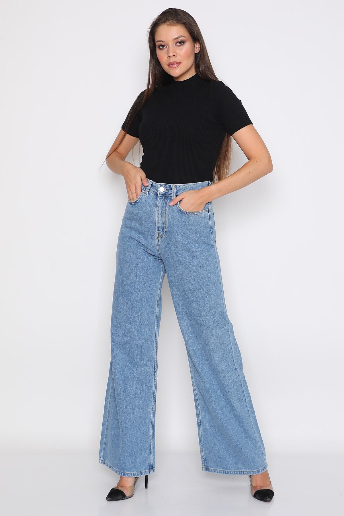 Darkly Jeans Süper Yüksek Bel Geniş Paça Mavi Wide Leg Jean Bayan Pantolon