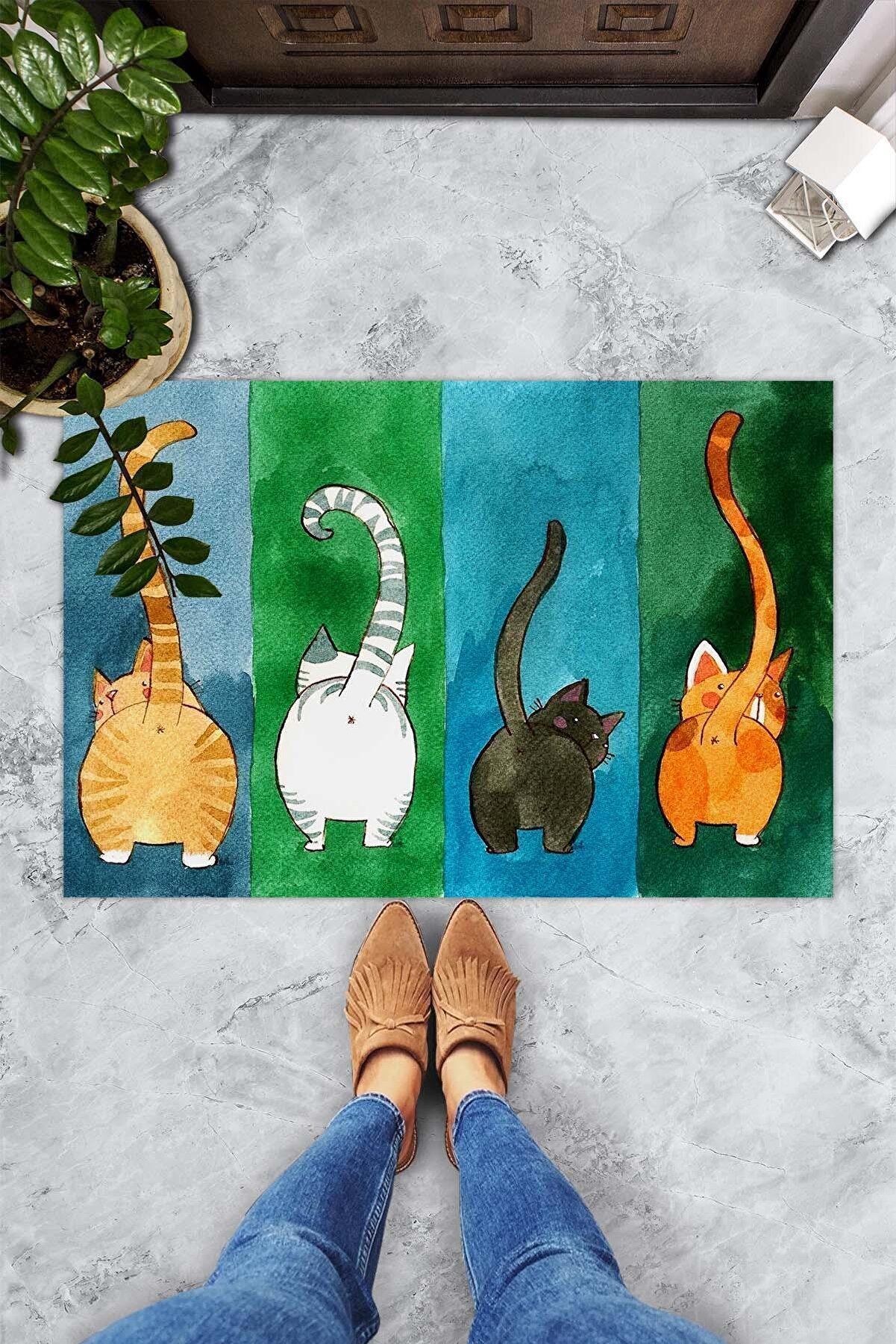 Evsebu Renkli Kediler Dekoratif Kapı Önü Paspası