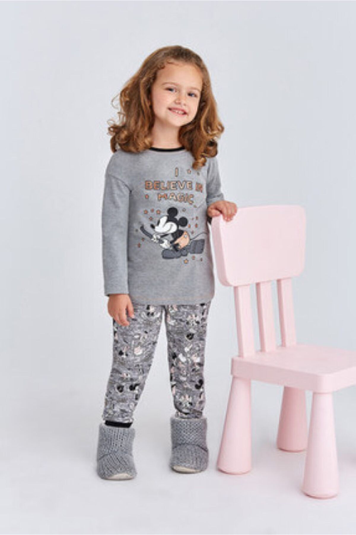 Mickey Mouse Kız Çocuk Gri Mickey Mause Kız Garson Pijama Takımı