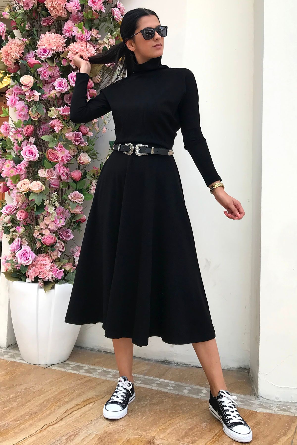 Pissos Kadın Siyah Beli Lastikli Uzun Triko Elbise