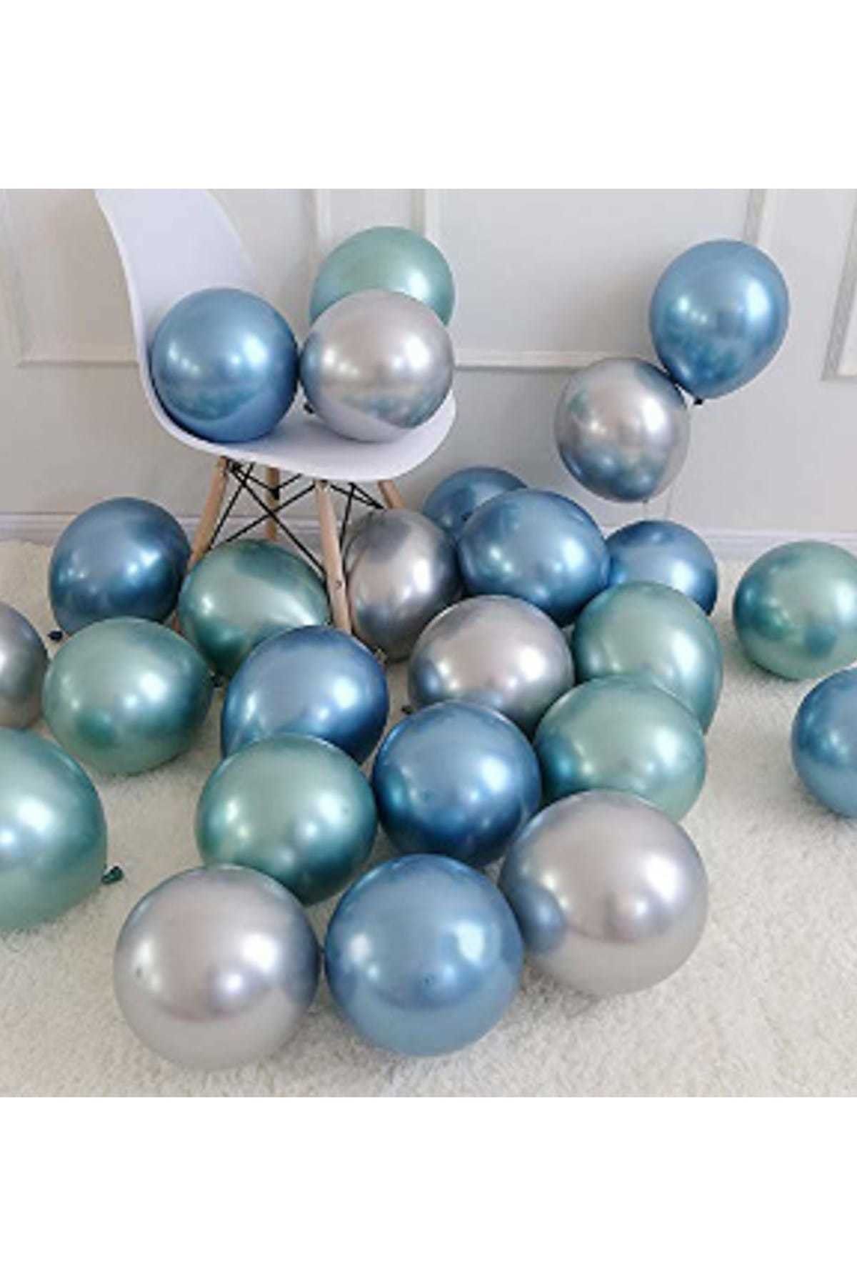 Parti Dolabı Krom Parlak Metalik Yeşil-Mavi-Gümüş Renk 5'Li Balon ( 3'Lü Renk Seti )