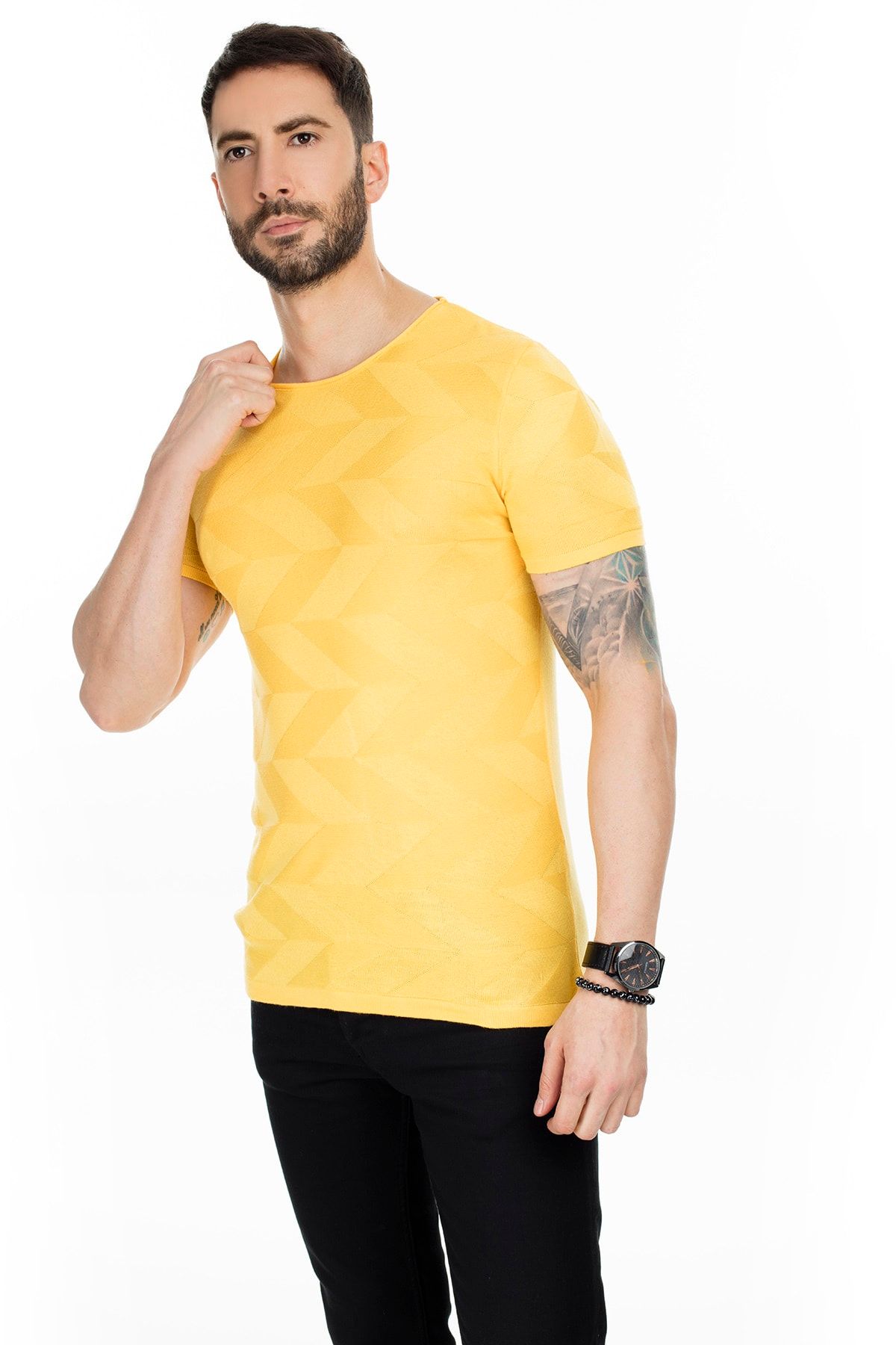 Buratti Erkek SARI Bisiklet Yaka Kısa Kollu Triko Standart Fit T Shirt ABK60002LNS