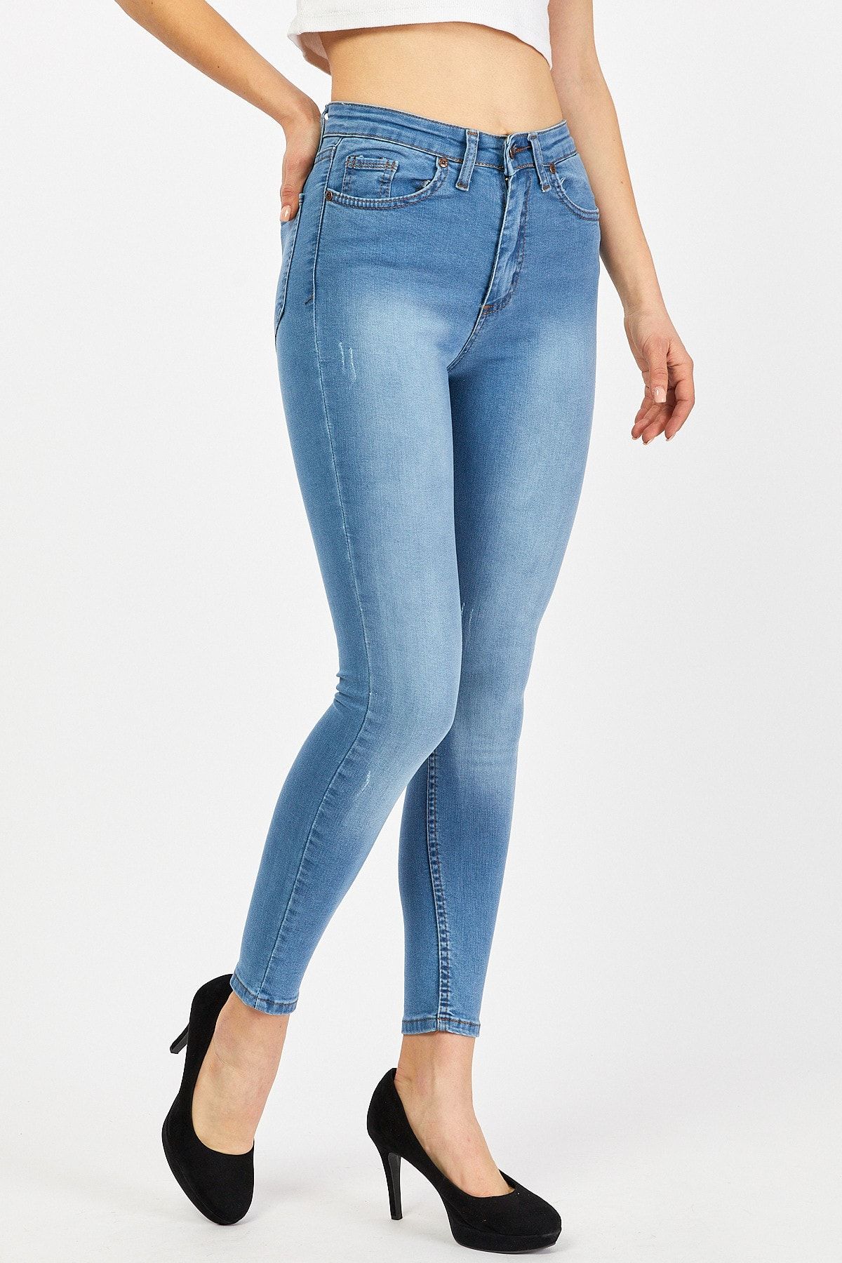 eGs Kadın Yüksek Bel Skinny Tırnaklı Kot Pantolon Açık Mavi