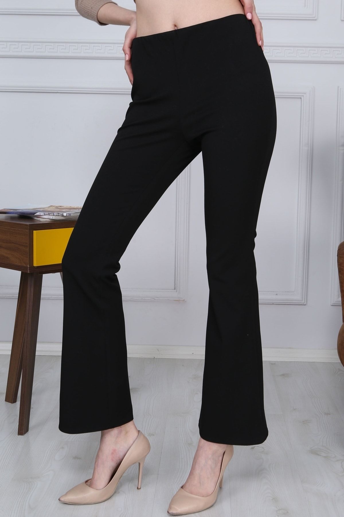 Gül Moda Ispanyol Paça Beli Lastikli Likralı Kumaş Pantolon Cepsiz Siyah