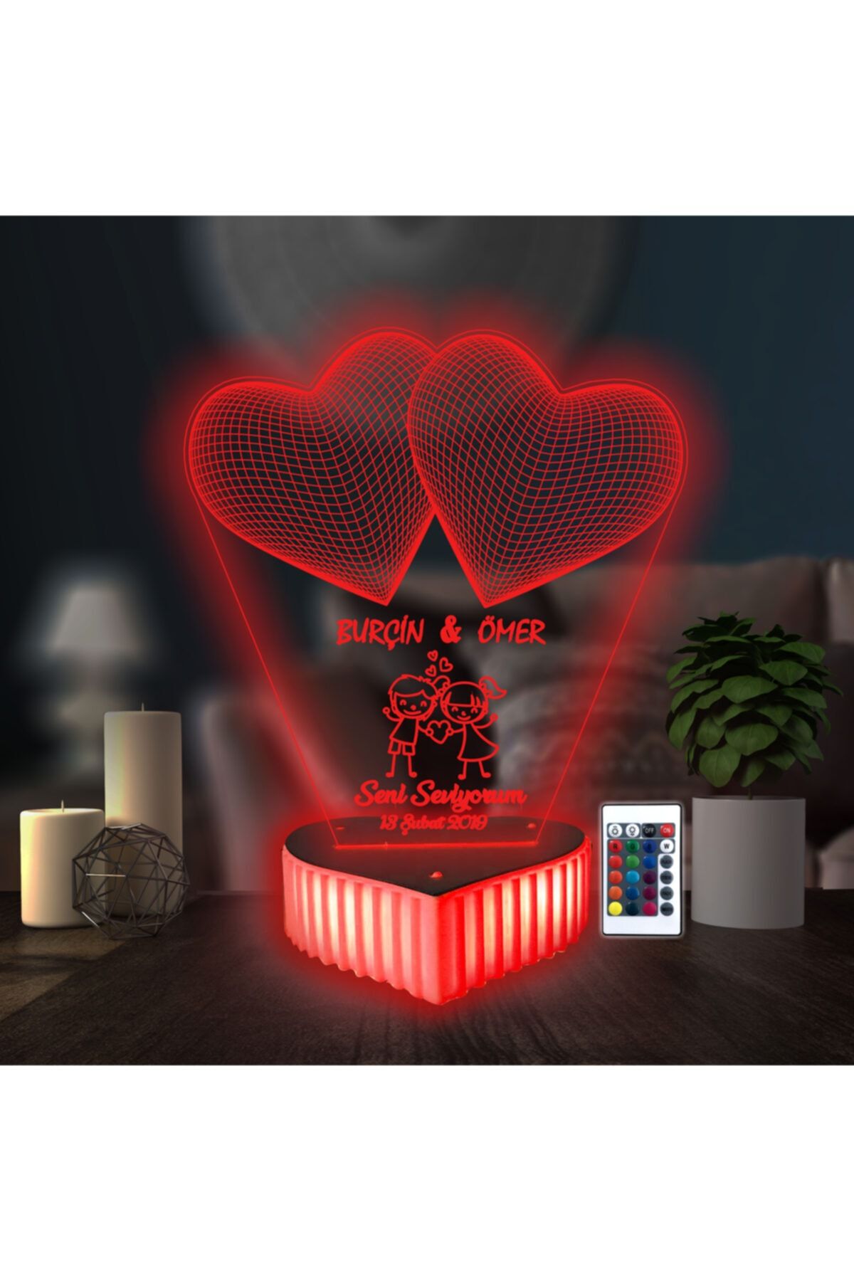 3D Hediye Dünyası Sevgilime Doğum Günü Hediyesi Çift Kalpli Masa Lambası 16 Renkli Kumandalı
