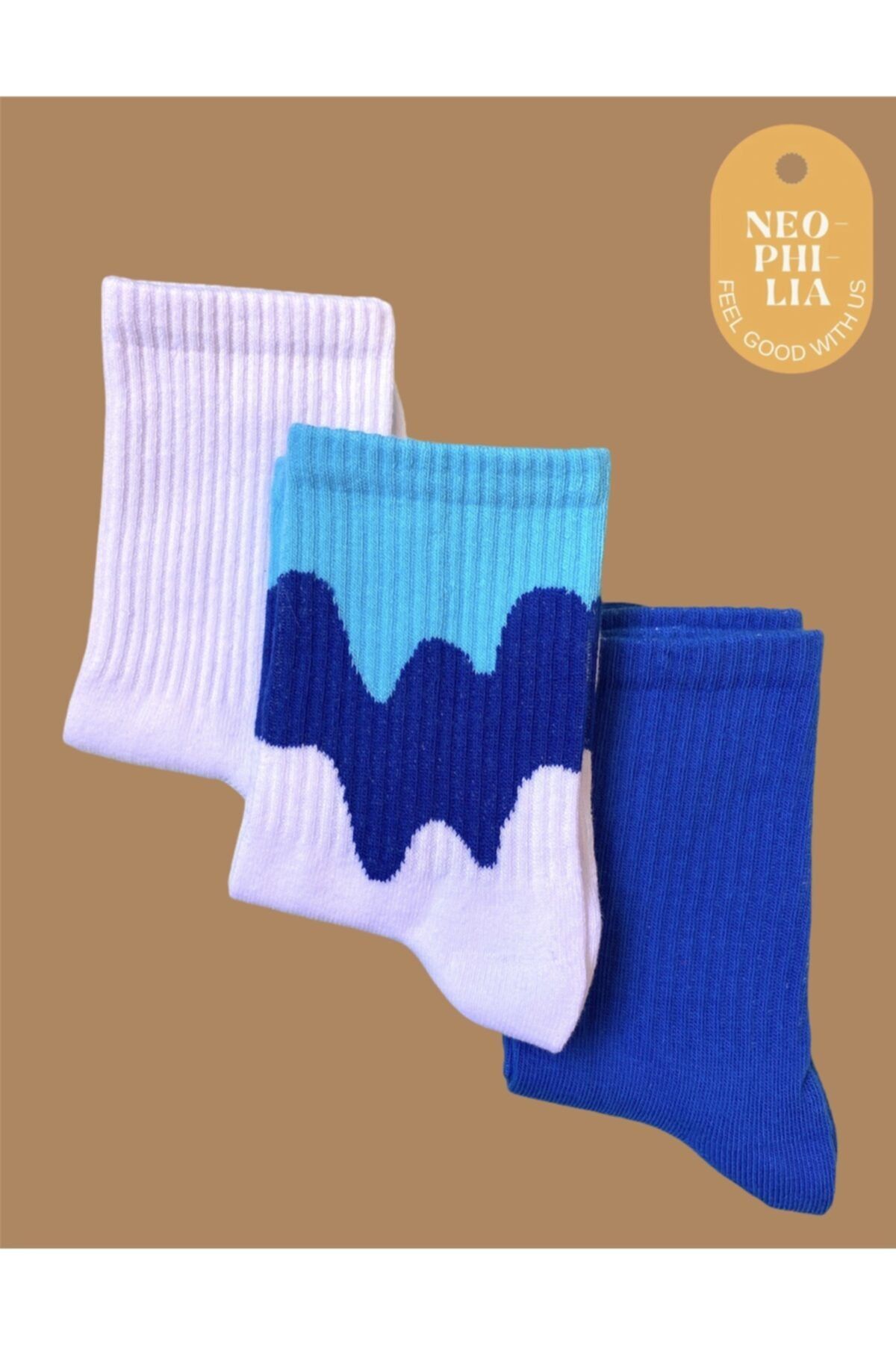 Neophilia Unisex  3'lü Beyaz ve Mavi Desenli Tenis Çorabı