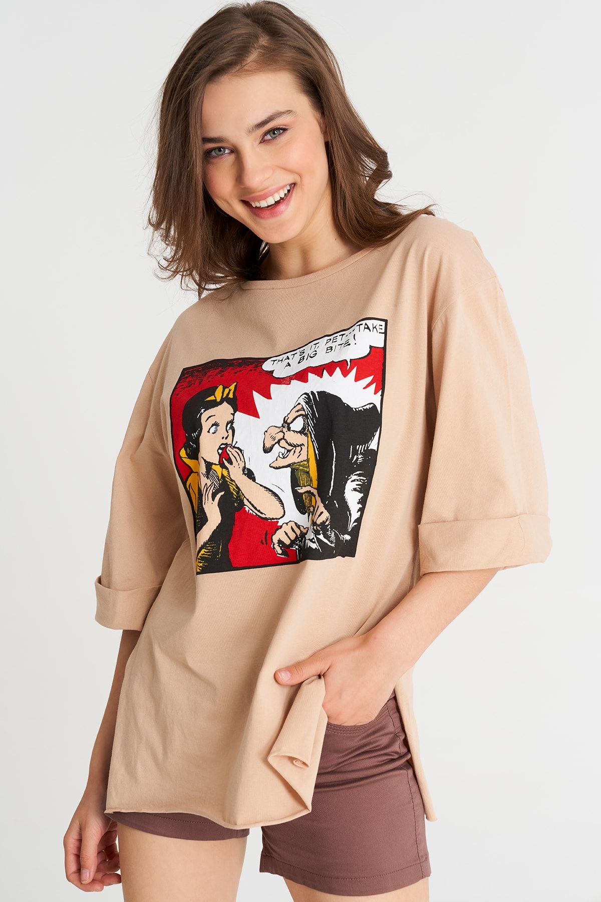 New Now Kadın Bej Baskılı Oversize T-Shirt 20Y679141