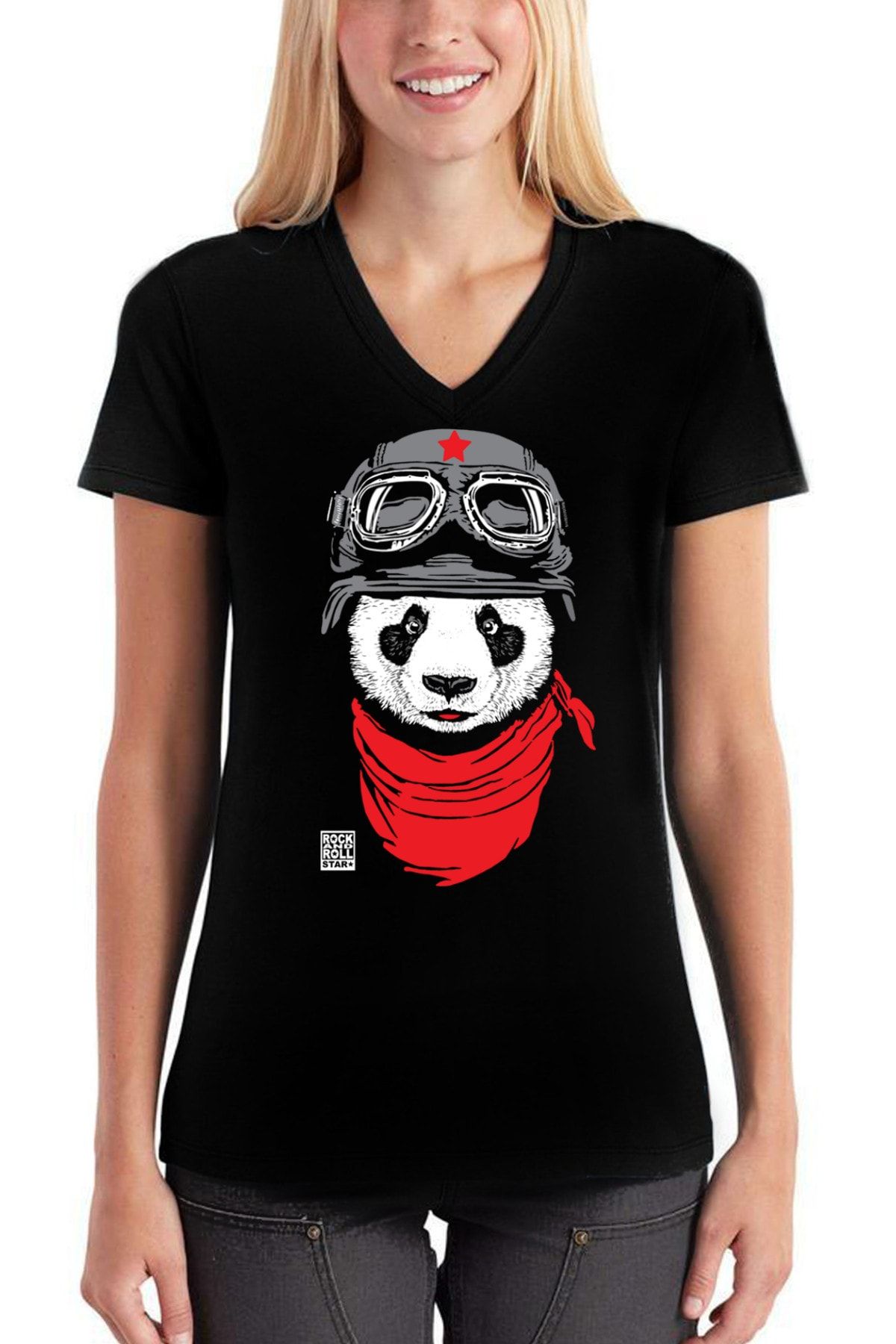 ROCKANDROLL Bandanalı Panda Siyah V Yaka Kısa Kollu Kadın T-shirt