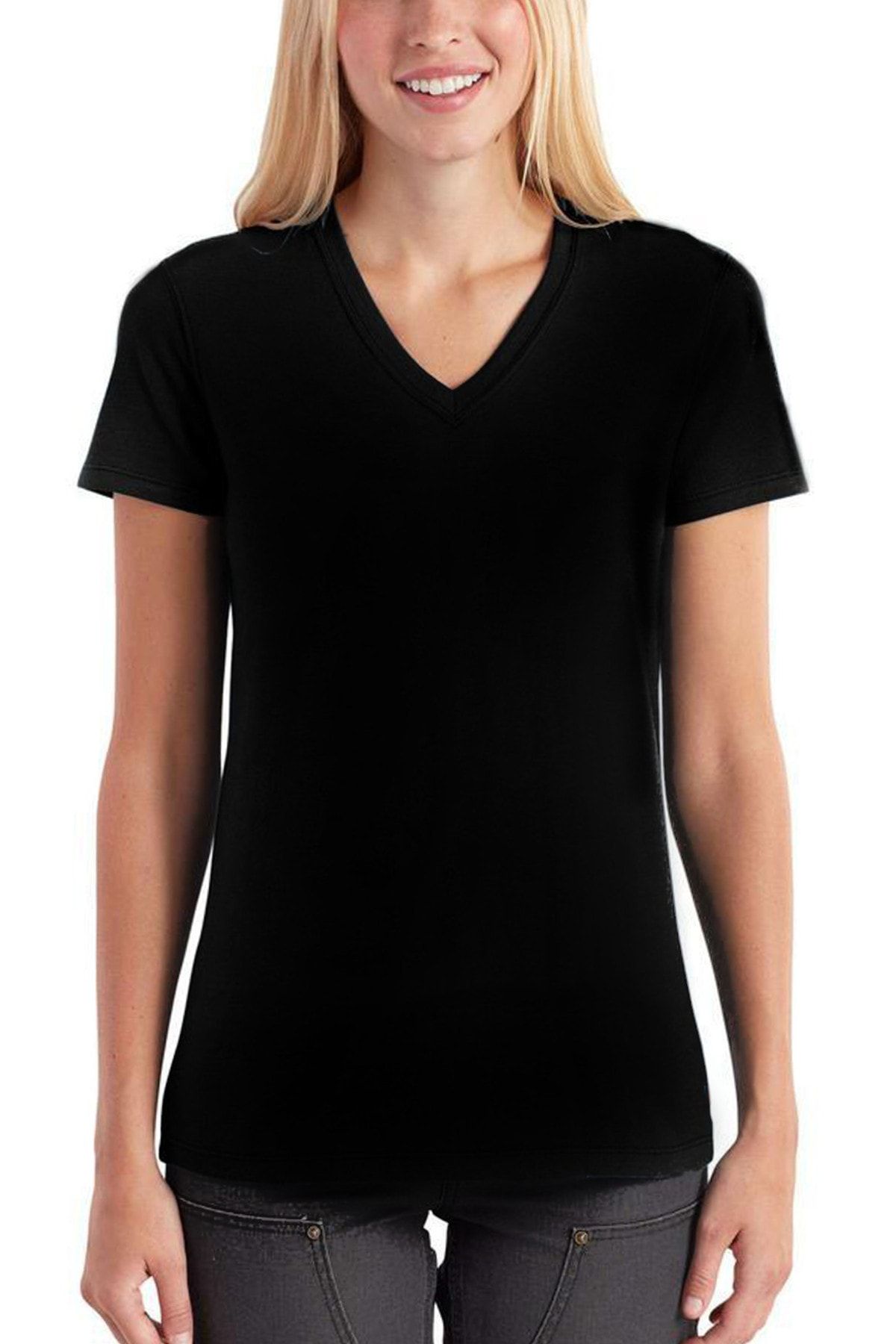 ROCKANDROLL Düz, Baskısız Basic Siyah V Yaka Kısa Kollu Kadın T-shirt