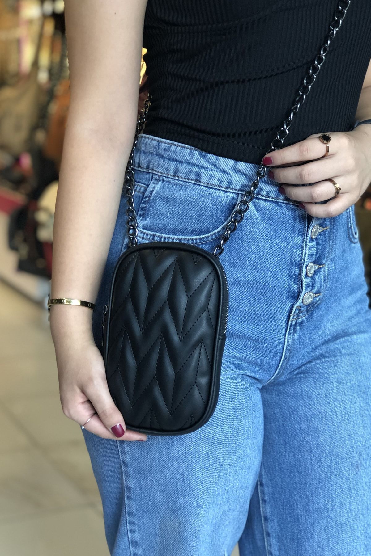 incix accessories Kadın Siyah Zincir Askılı Telefon Çantası