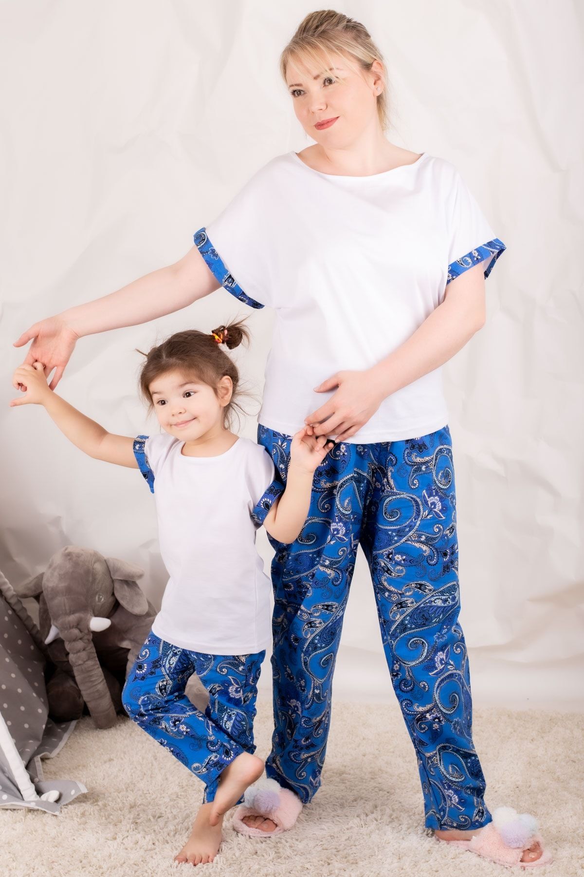 armonika Kadın Saks Şal Desenli Anne-Kız Model Pijama Takımı ARM-20Y001009