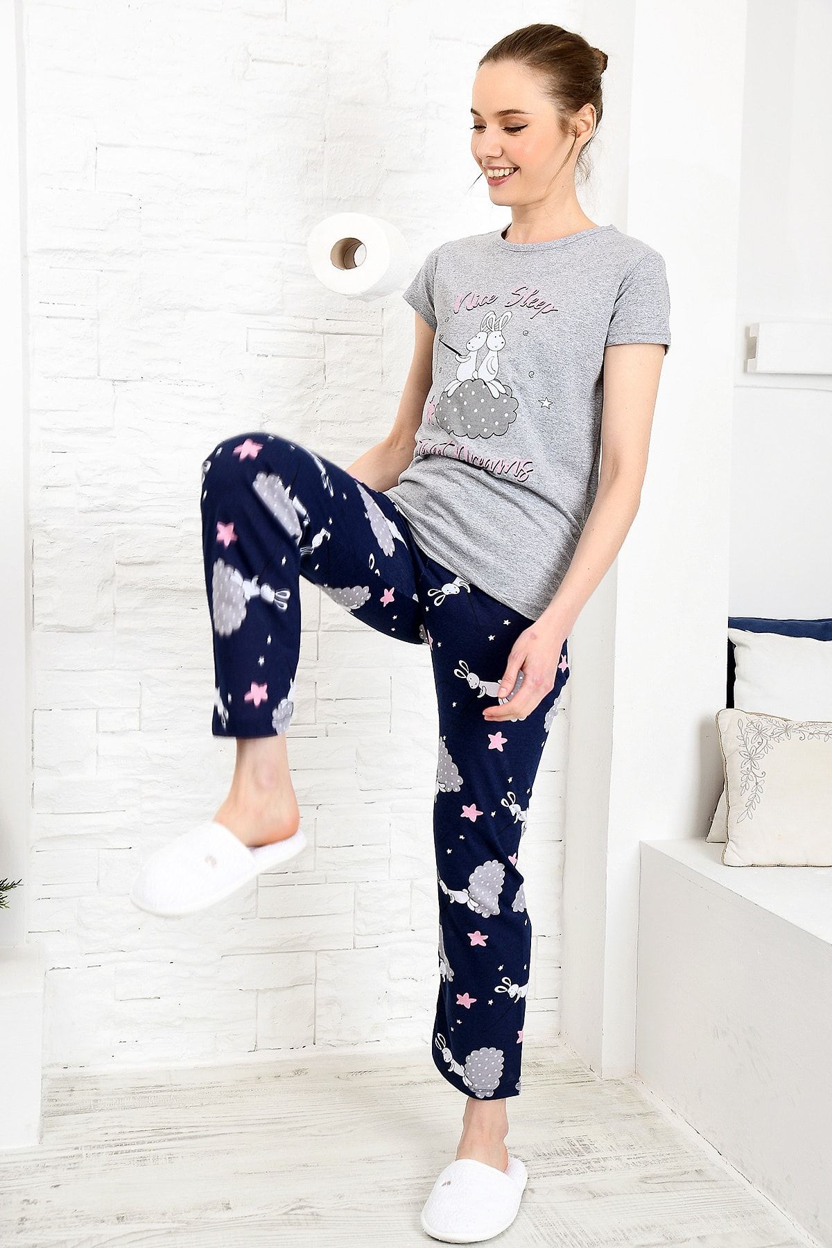 Trend Alaçatı Stili Kadın Grimelanj Baskılı Pijama Takımı ALC-X3965