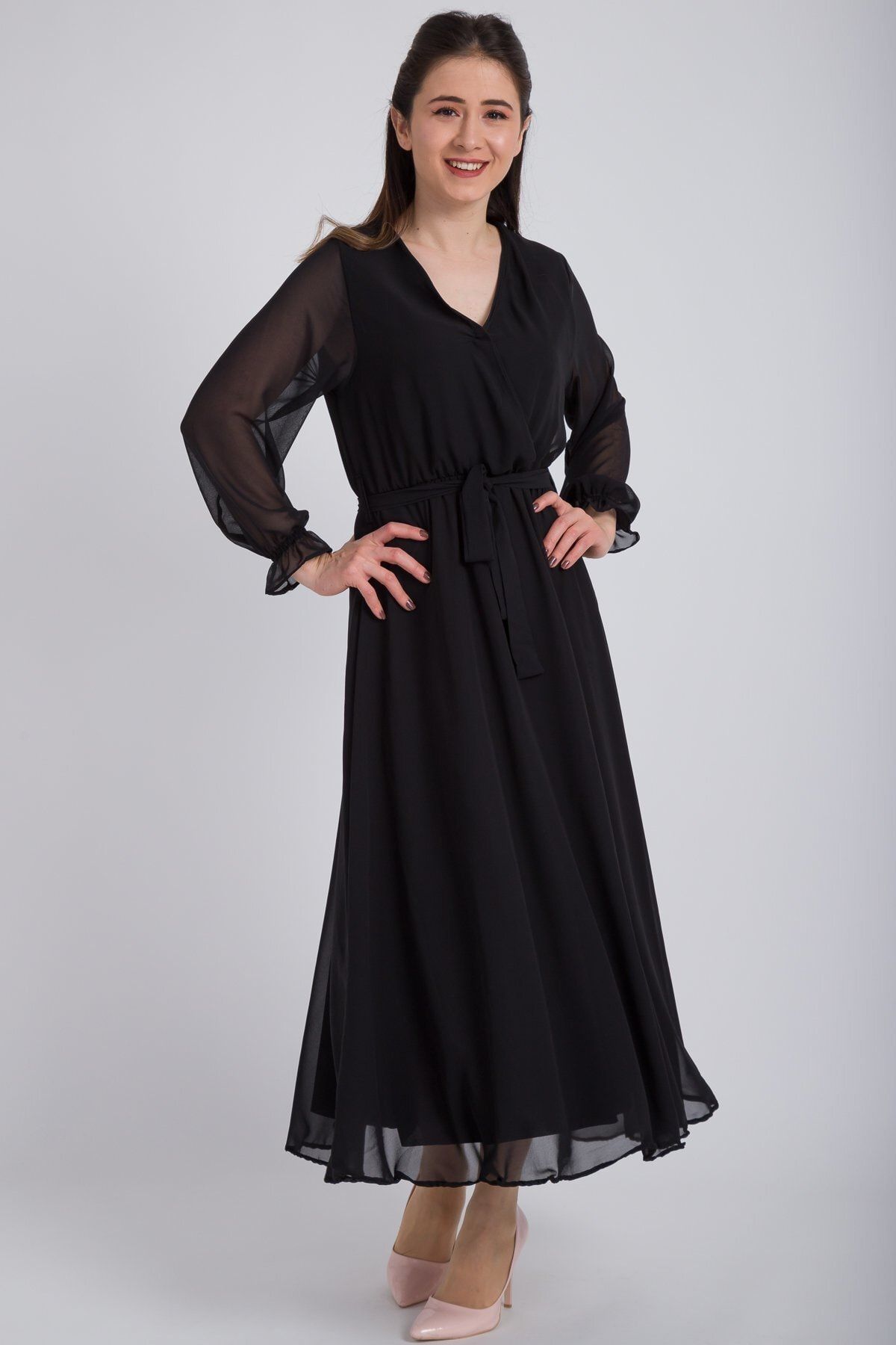 Kadın Modası Kadın Kruvaze Yaka Kuşaklı Şifon Elbise