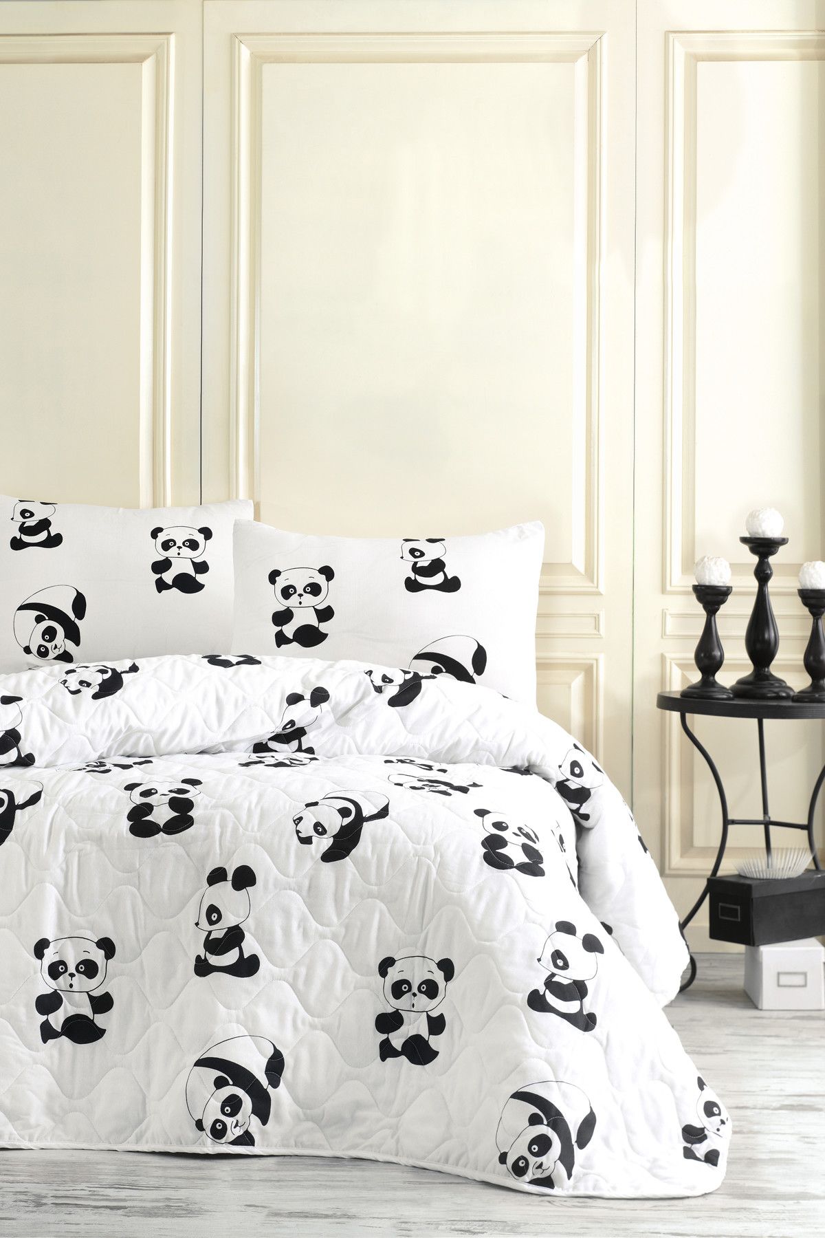 Eponj Home Çift Kişilik Kapitone Yatak Örtüsü Seti B&W Panda
